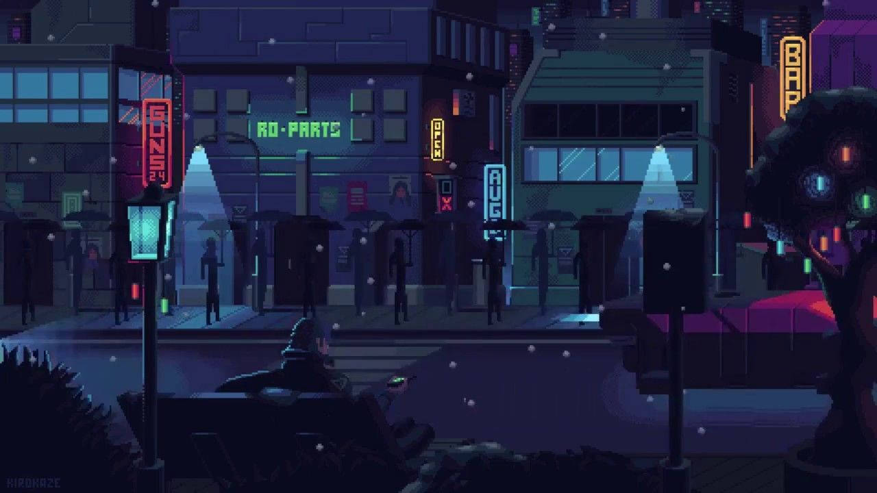 Pixel 桌布 壁紙 — 夜晚的像素藝術城市街道，建築物上霓虹燈閃爍，街燈下的長椅上坐著一個孤獨的身影。