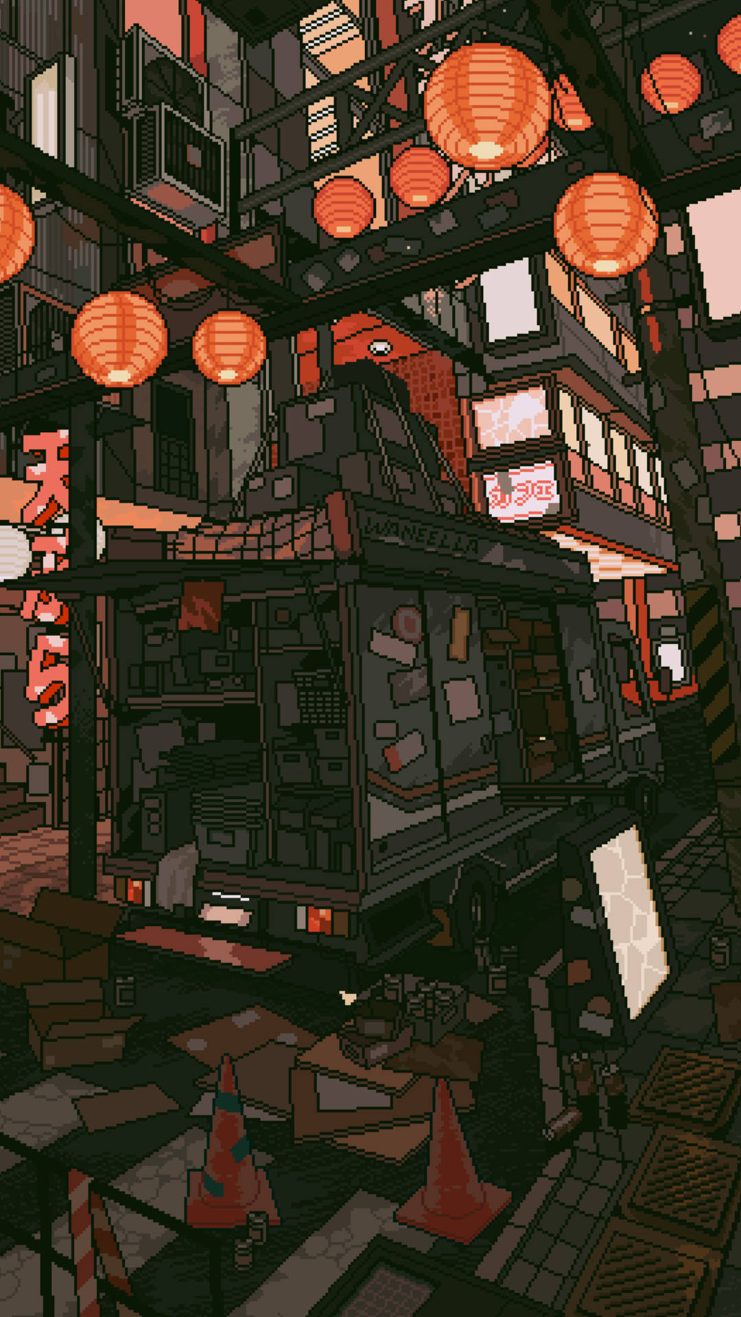 Screen 桌布 壁紙 — 夜晚的像素藝術小巷，有發光的橙色燈籠和霓虹燈下雜亂的食品車。
