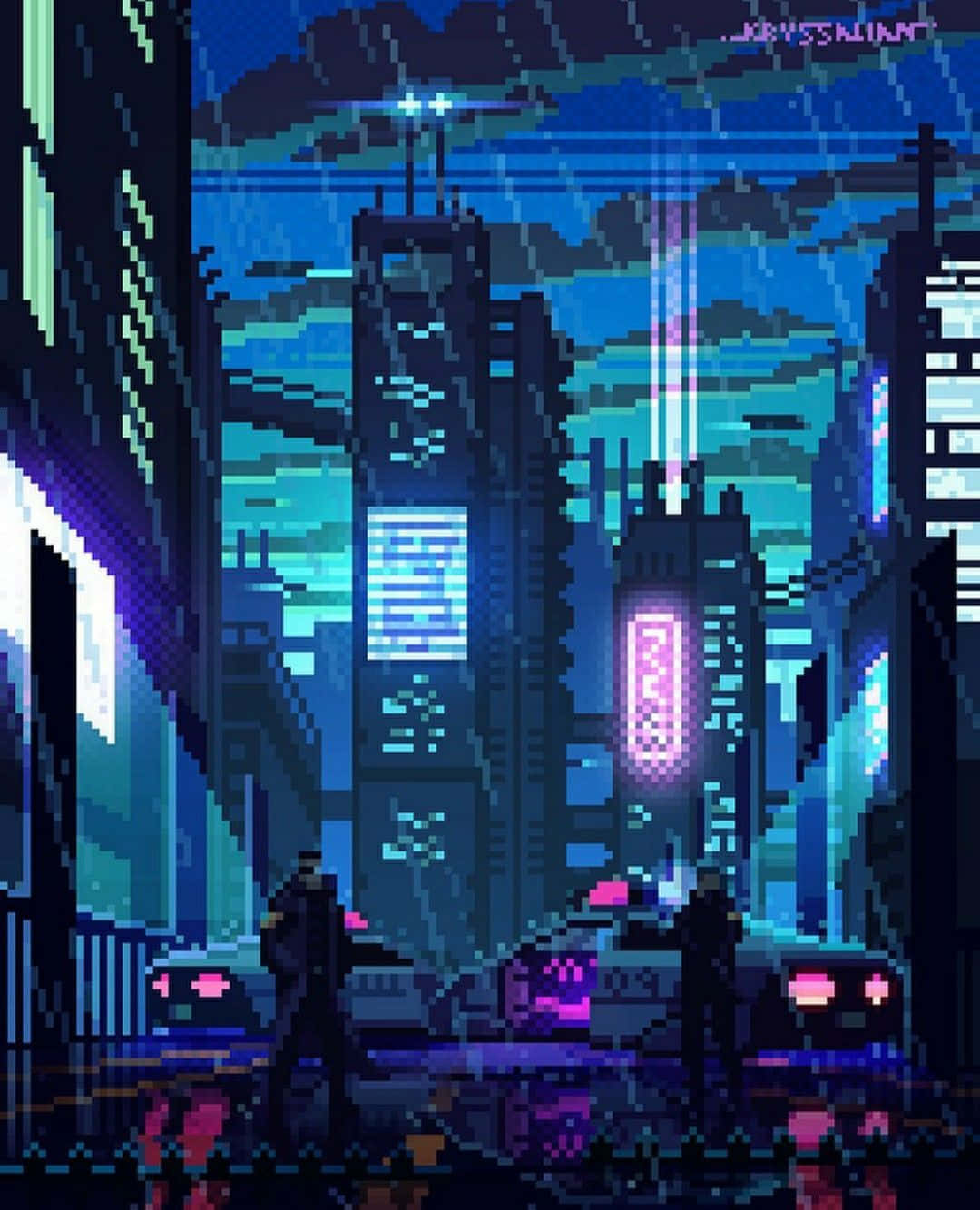 桌布 壁紙 — 夜晚的像素藝術賽博龐克城市景觀，高聳建築物上的霓虹燈招牌閃爍發光，剪影人物在發光的汽車之間行走。