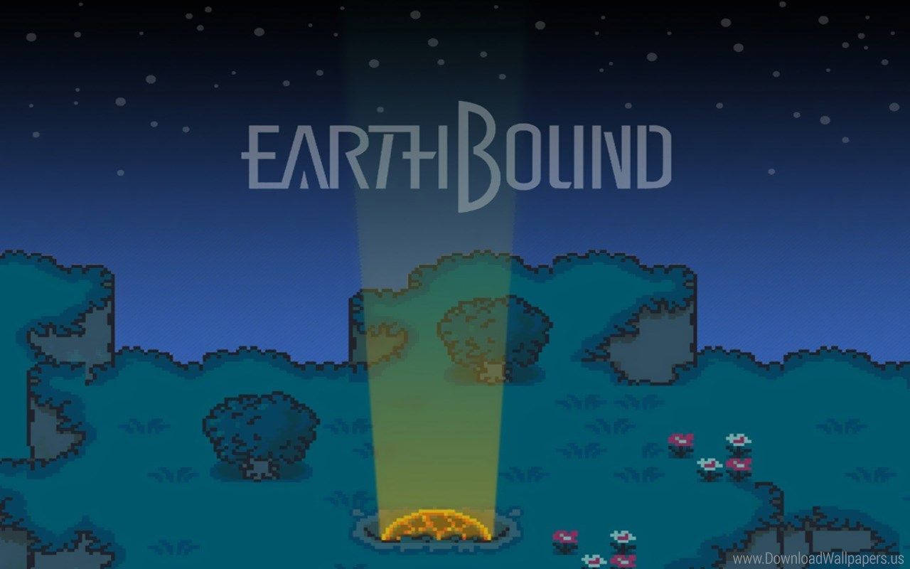 Earthbound 桌布 壁紙 — 夜晚的像素藝術遊戲場景，在星空下有一個發光的光束從隕石坑中升起。