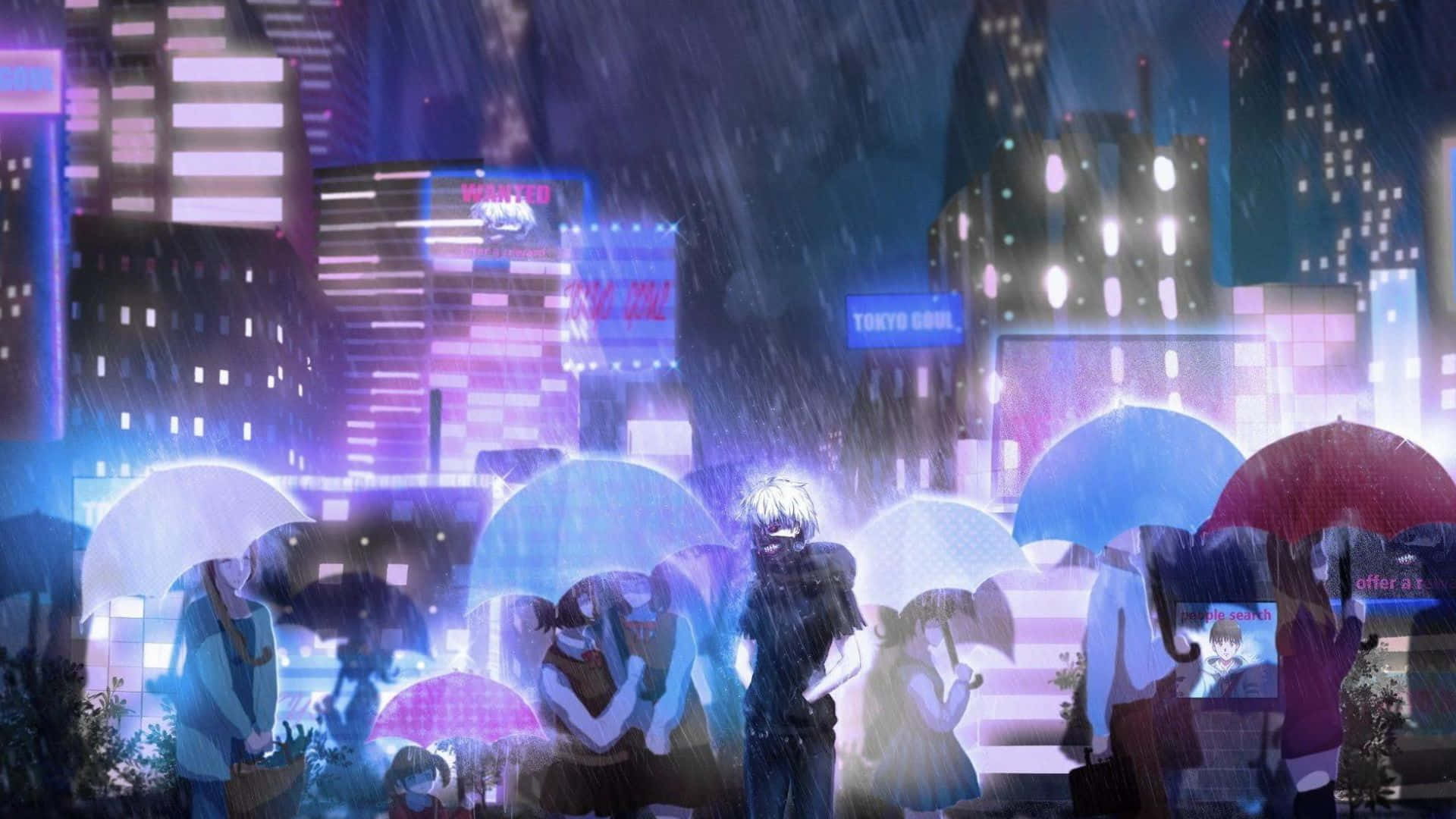 動漫 桌布 壁紙 — 夜晚的動漫風格城市景觀，帶有發光的霓虹燈招牌和人們在雨中撐傘。