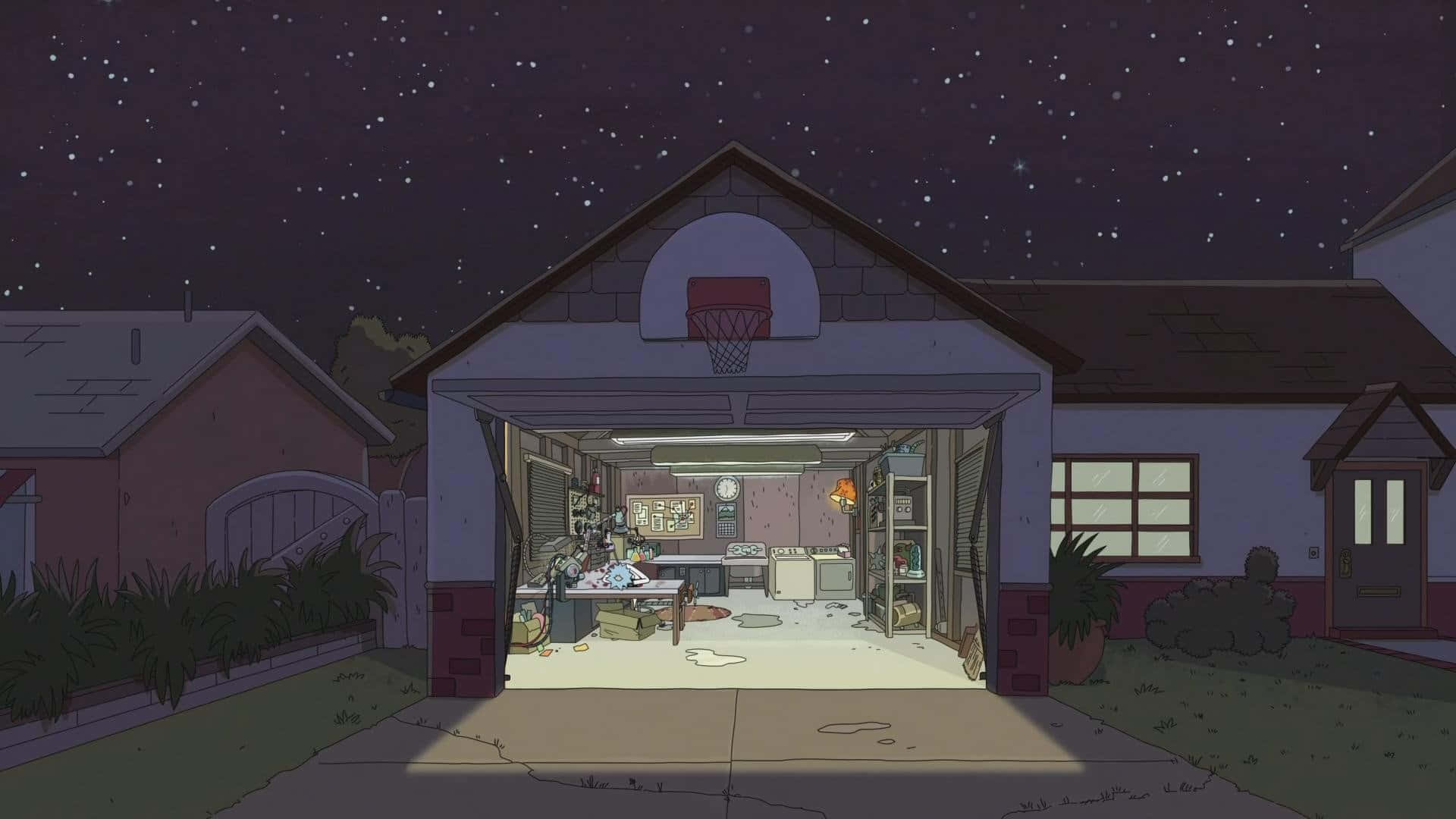 桌布 壁紙 — 夜晚的卡通屋，車庫敞開，露出雜亂的內部，星空下。