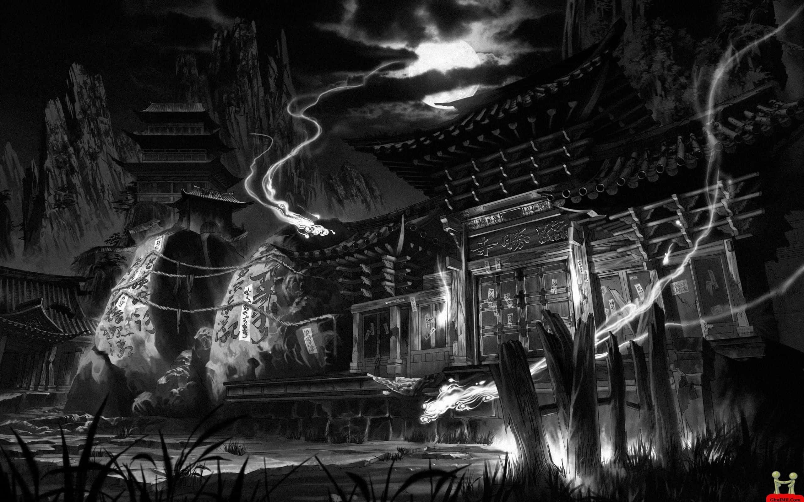日本黑白 桌布 壁紙 — 夜晚的單色動漫風格神社，閃電擊中傳統日本建築和石像周圍。