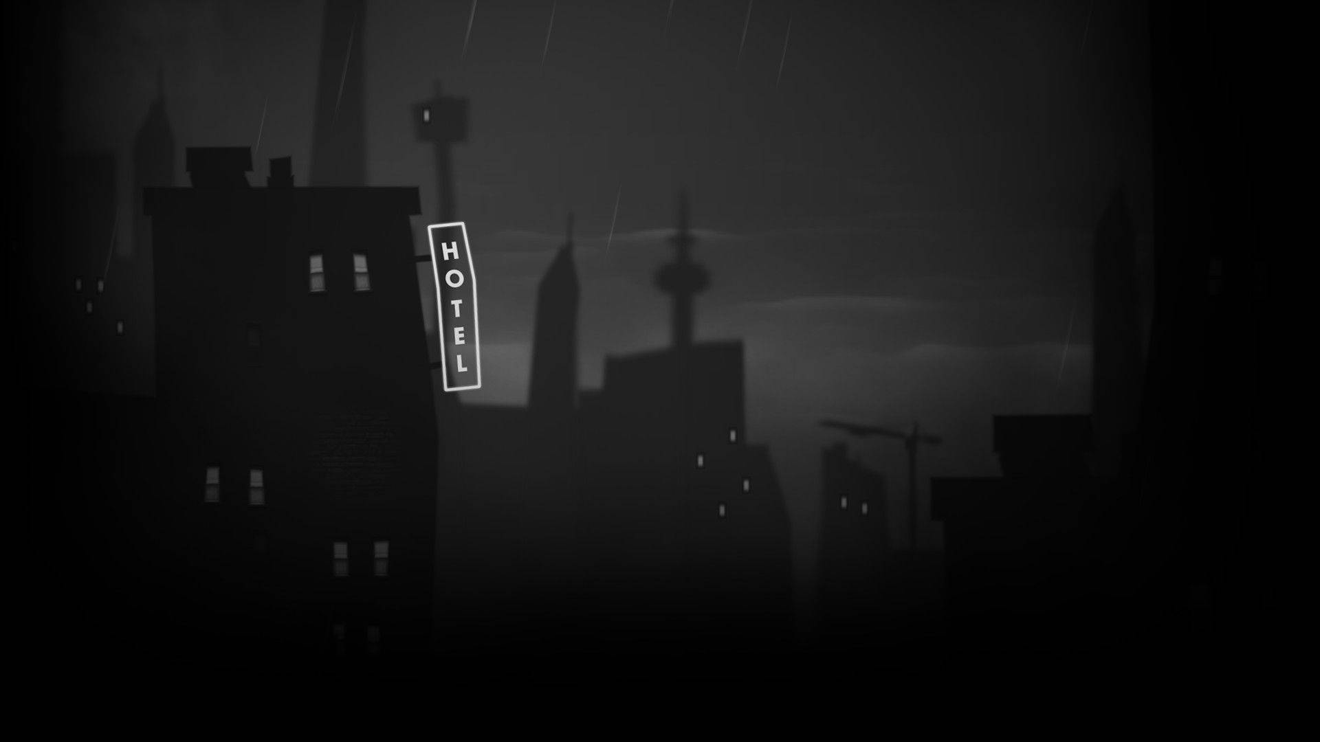 暗黑動漫風格GIF 桌布 壁紙 — 夜晚的單色城市景觀，發光的飯店招牌穿過雨水和陰影中的摩天大樓。