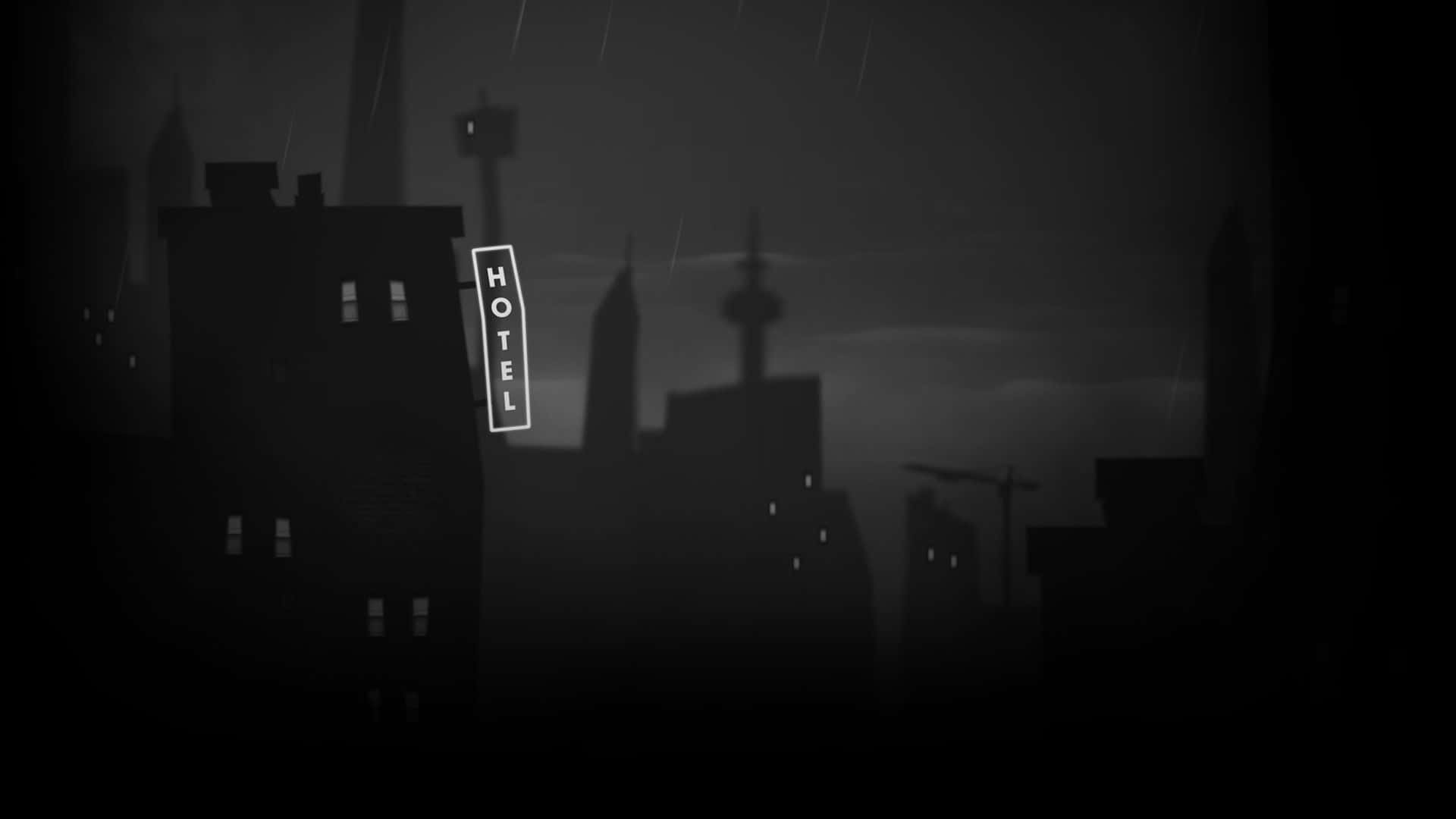 黑色動畫gif 桌布 壁紙 — 夜晚的單色城市景觀，雨水落在剪影建築物和發光的飯店招牌上。