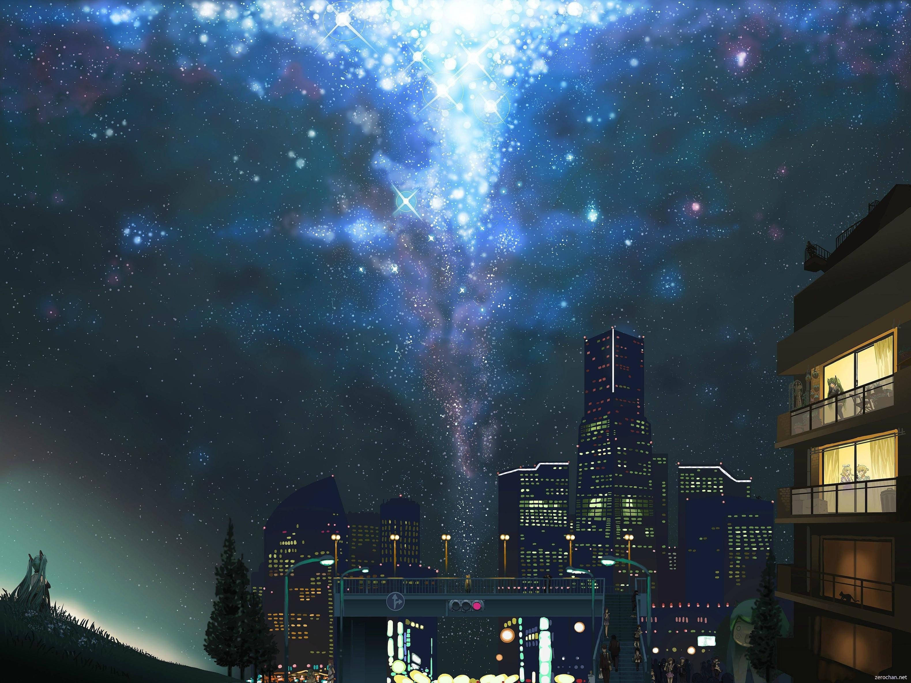 Anime Night City 桌布 壁紙 — 夜晚的城市天際線，下方是充滿星星和發光星雲的充滿活力的宇宙天空。