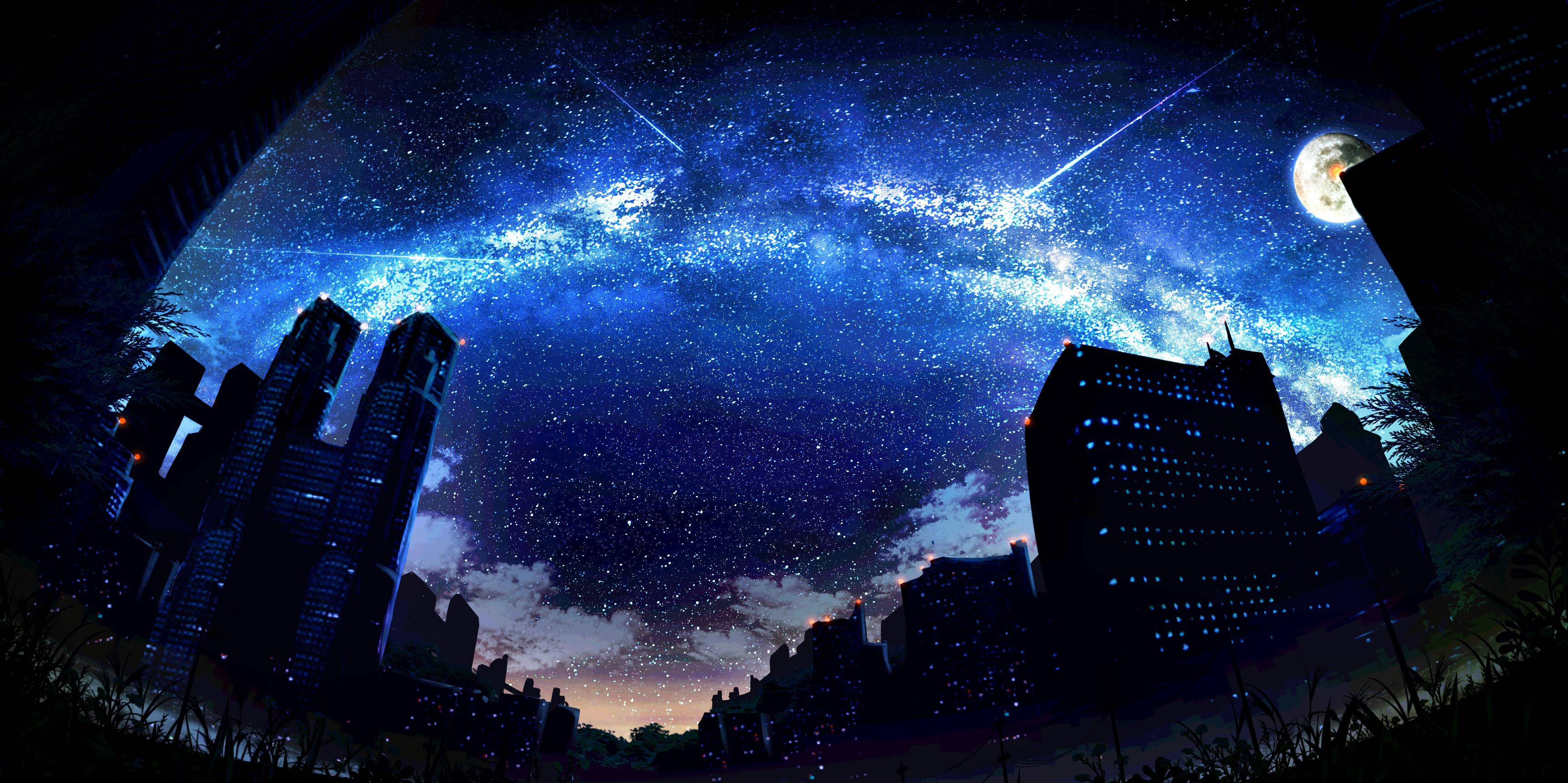 動漫城市 桌布 壁紙 — 夜晚的城市天際線，下方是充滿活力的藍色星系，有滿月和流星。