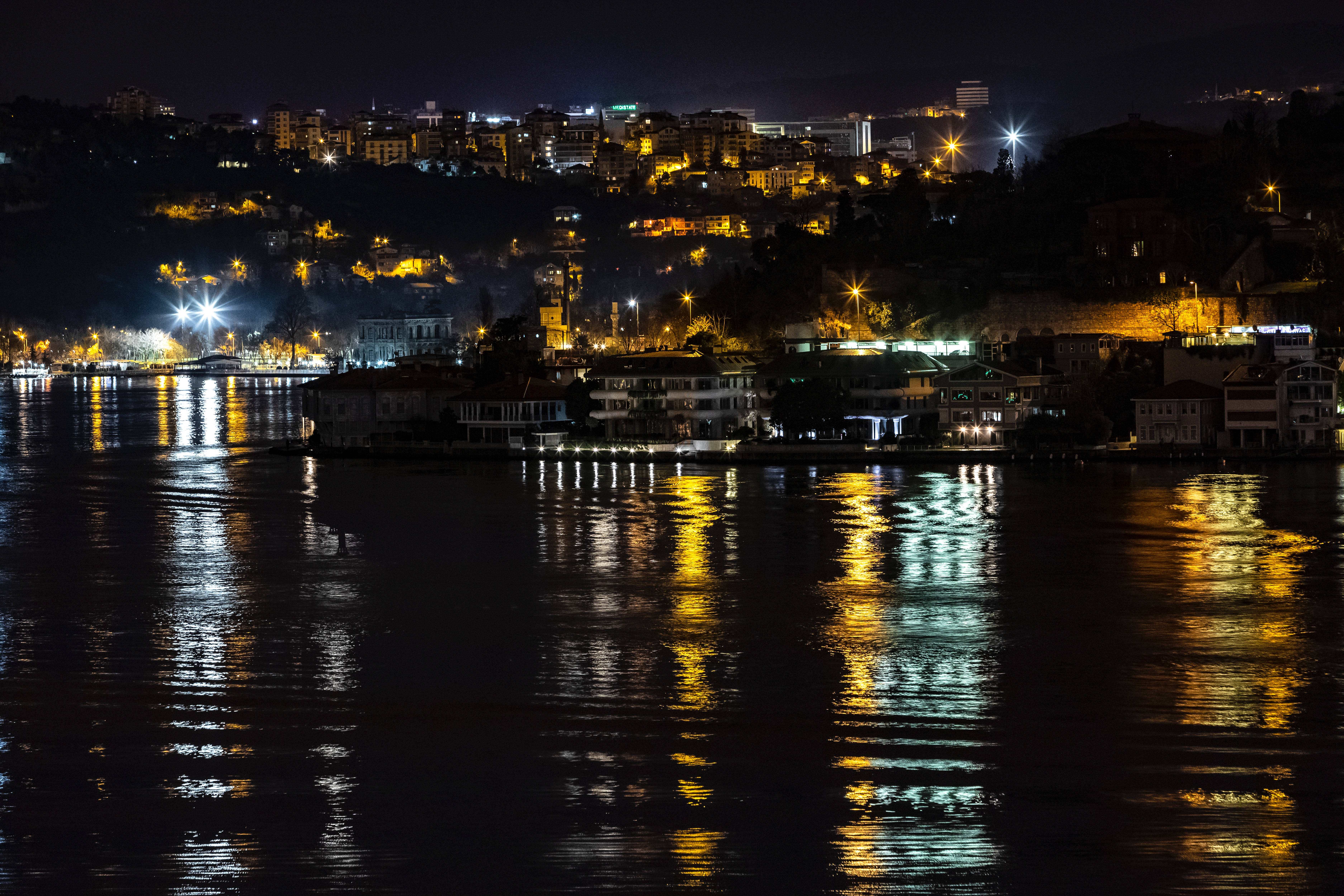 Istanbul 桌布 壁紙 — 夜晚的城市景觀，溫暖的黃色燈光映照在下方平靜的水面上。