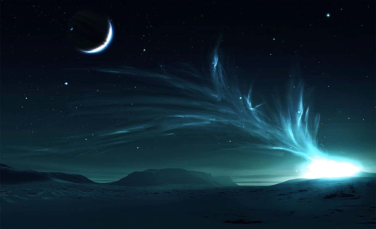 魔法動圖 桌布 壁紙 — 夜晚的宇宙景觀，在彎月和星空下，地平線爆發出一道發光的藍色能量。