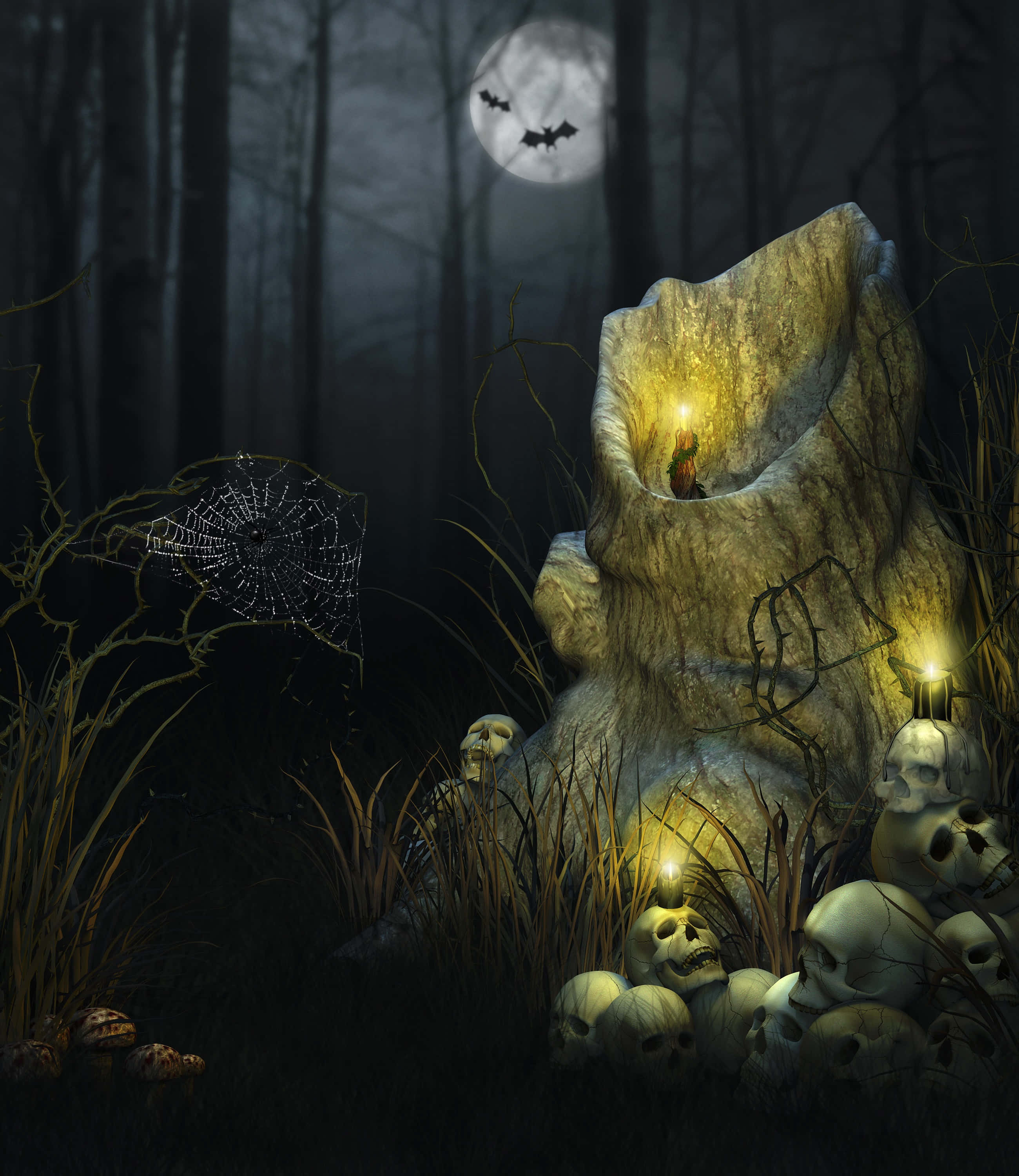 Halloween Phone 桌布 壁紙 — 夜晚的恐怖森林，有發光樹樁、骷髏頭和蝙蝠在滿月下飛翔。