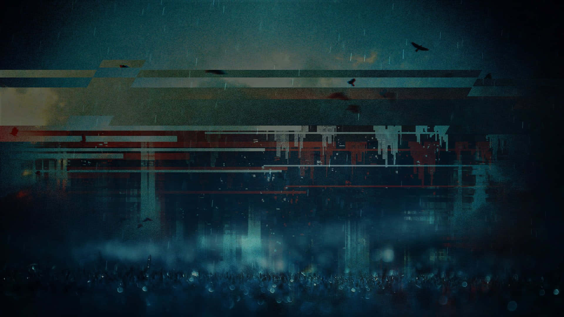 Glitch Effect 桌布 壁紙 — 夜晚的故障數位城市景觀，雨水落在扭曲的建築物和飛鳥上。