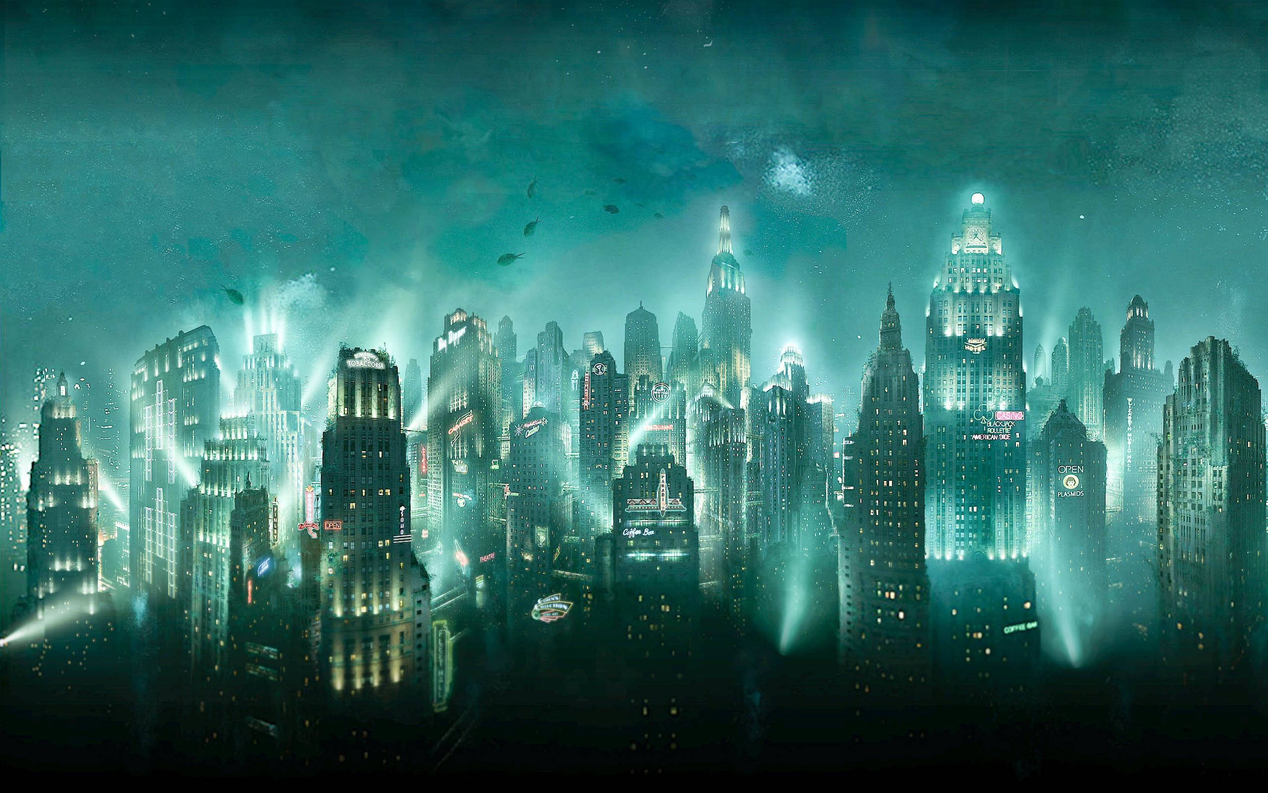 Bioshock 桌布 壁紙 — 夜晚的未來城市天際線，發光的霓虹燈穿過霧濛濛的藍綠色雲層。
