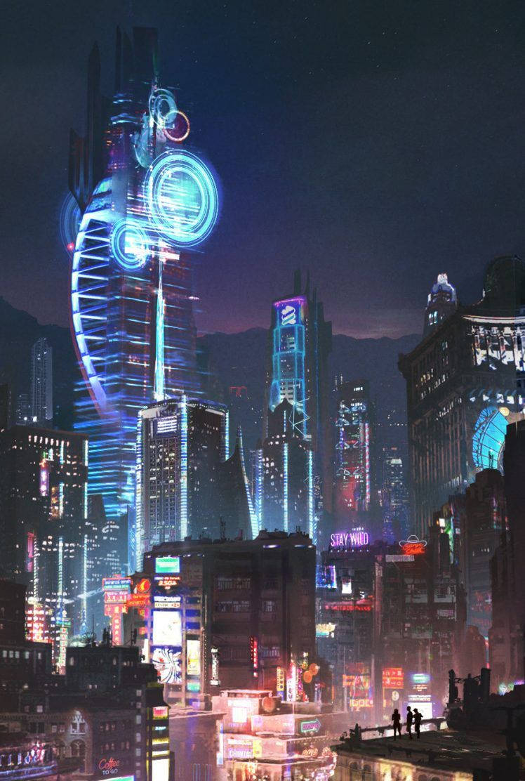 Cyber 桌布 壁紙 — 夜晚的未來城市天際線，閃爍的霓虹燈塔和全息顯示屏映照在濕漉漉的街道上。