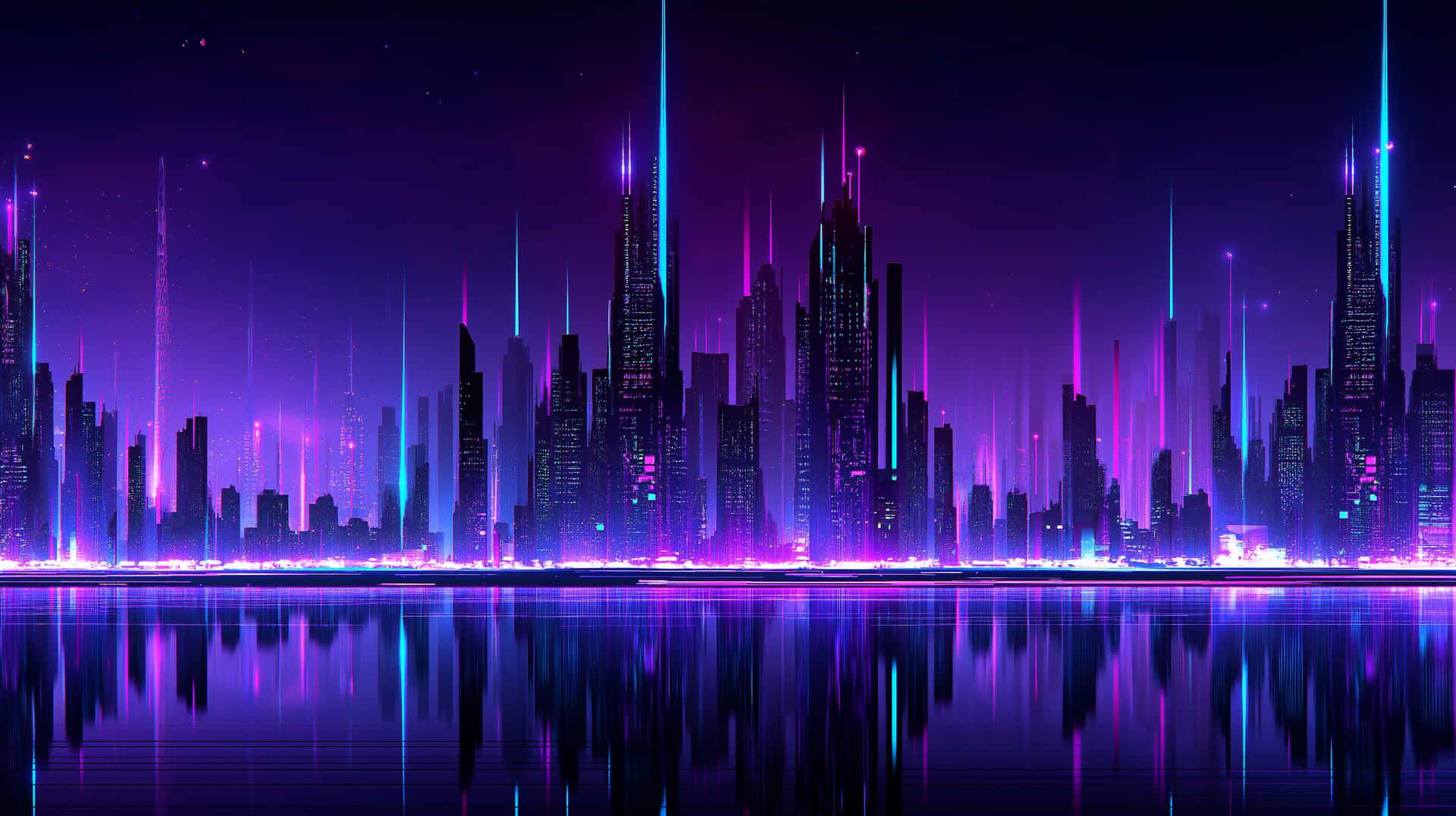 Sleek Cybernetic Cityscape with Reflective Waters 壁紙 — 夜晚的未來城市天際線，高聳的摩天大樓在平靜的水面上反射出充滿活力的紫色和藍色霓虹燈光。