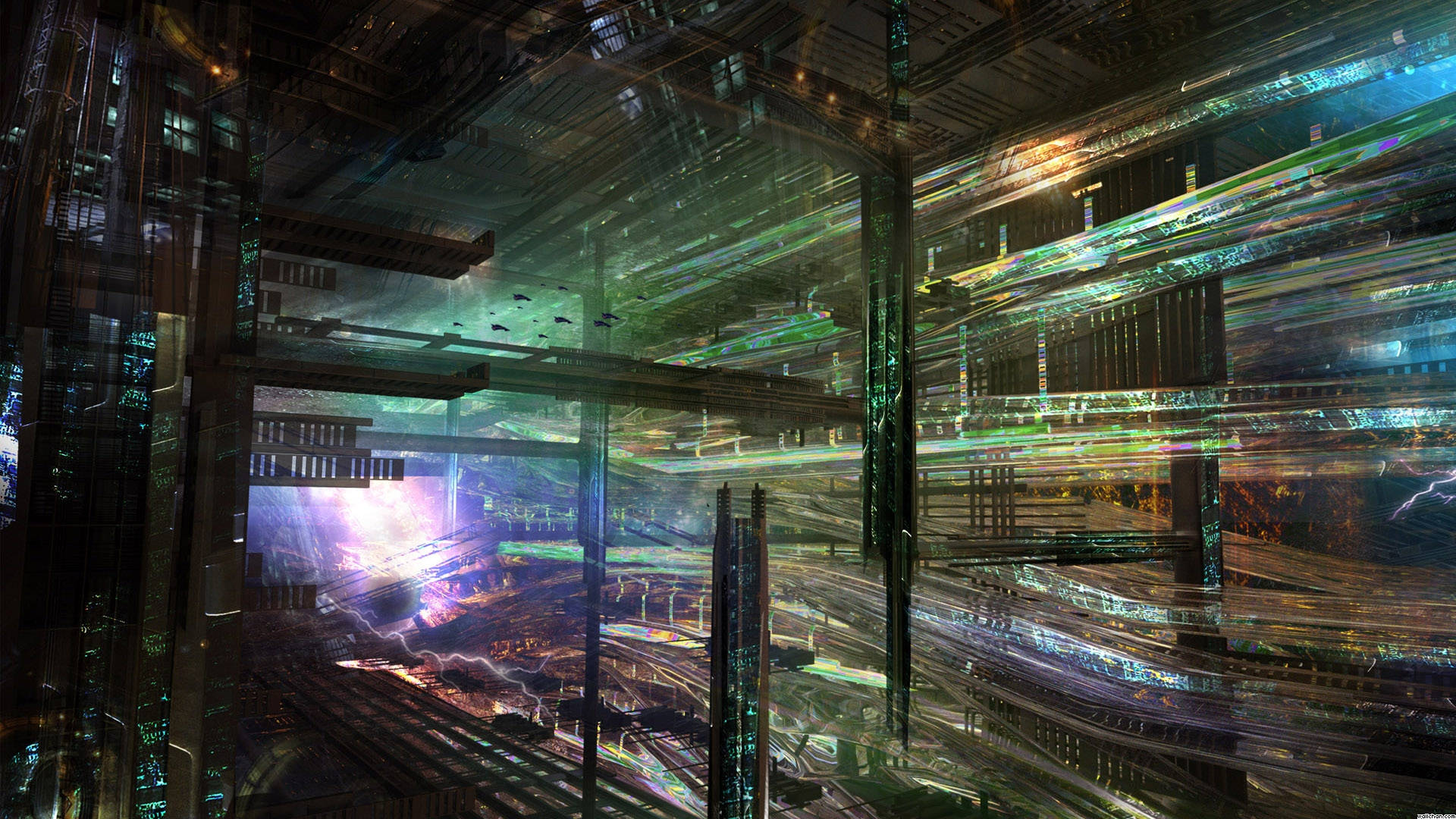 Sci Fi Landscape 桌布 壁紙 — 夜晚的未來城市景觀，帶有發光的霓虹燈和分層玻璃結構，反射出鮮豔的色彩。