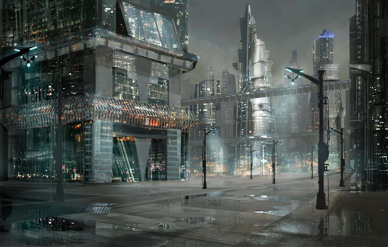 Cartoon City 桌布 壁紙 — 夜晚的未來城市景觀，雨水濕滑的街道反射著高聳玻璃摩天大樓的霓虹燈光。