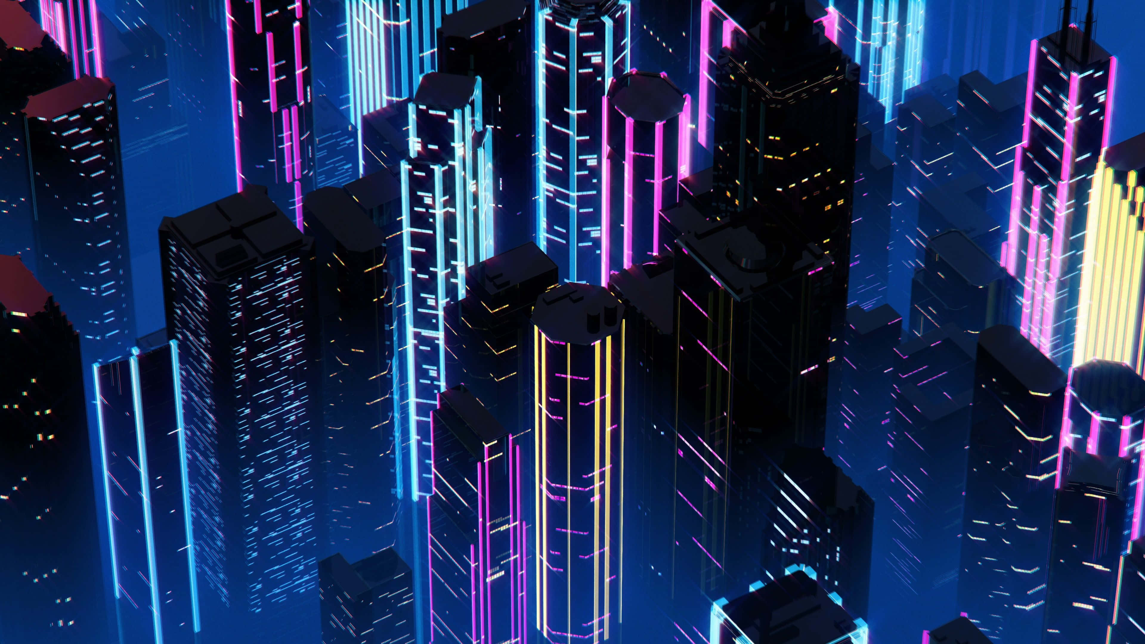 霓虹城市動態圖 桌布 壁紙 — 夜晚的未來城市景觀，高聳的摩天大樓閃爍著鮮豔的霓虹藍、粉紅和黃色燈光。