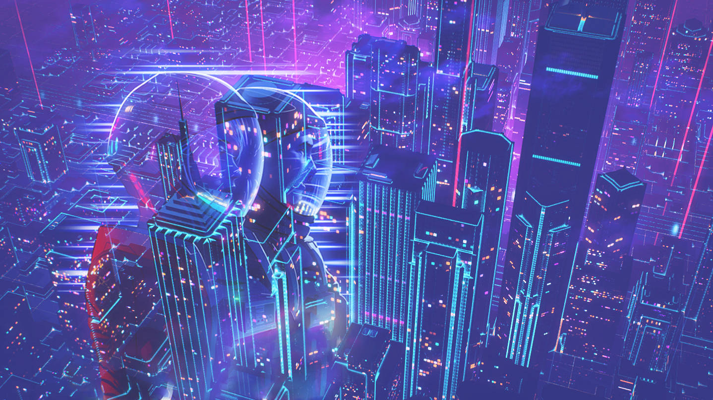 Outrun 桌布 壁紙 — 夜晚的未來城市景觀，高聳的摩天大樓散發著霓虹紫和藍色的光芒，以及發光的電路圖案。