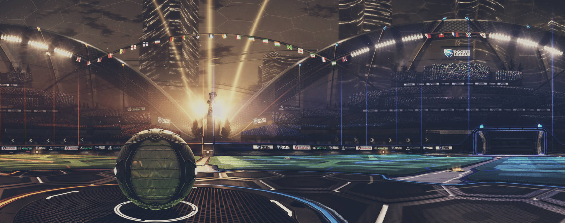Rocket League 桌布 壁紙 — 夜晚的未來感體育場，帶有發光燈光和六邊形平台上的中央球體。