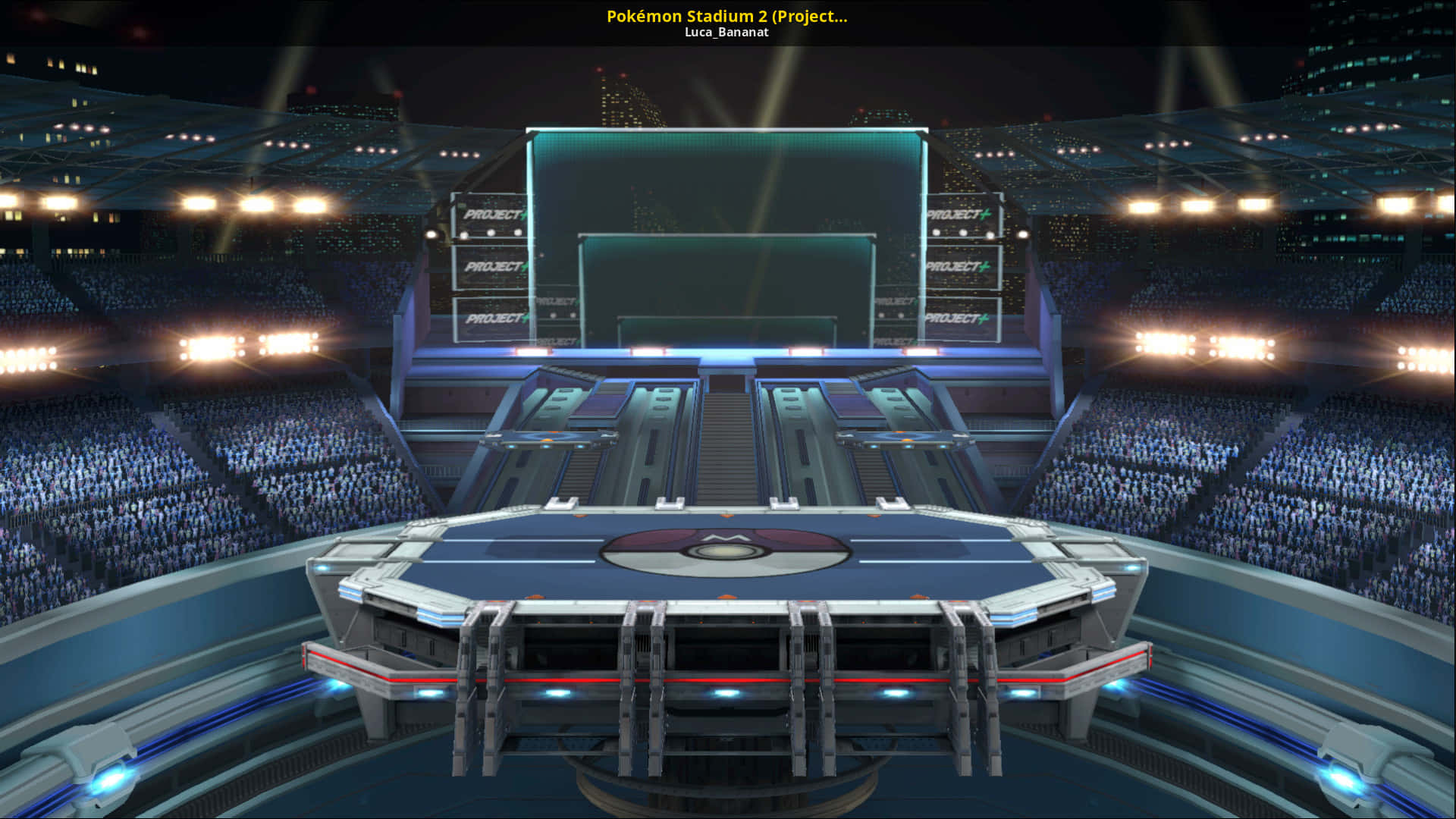 Pokemon Stadium 桌布 壁紙 — 夜晚的未來風格寶可夢體育館，閃爍藍光，擠滿觀眾觀看中央對戰平台。