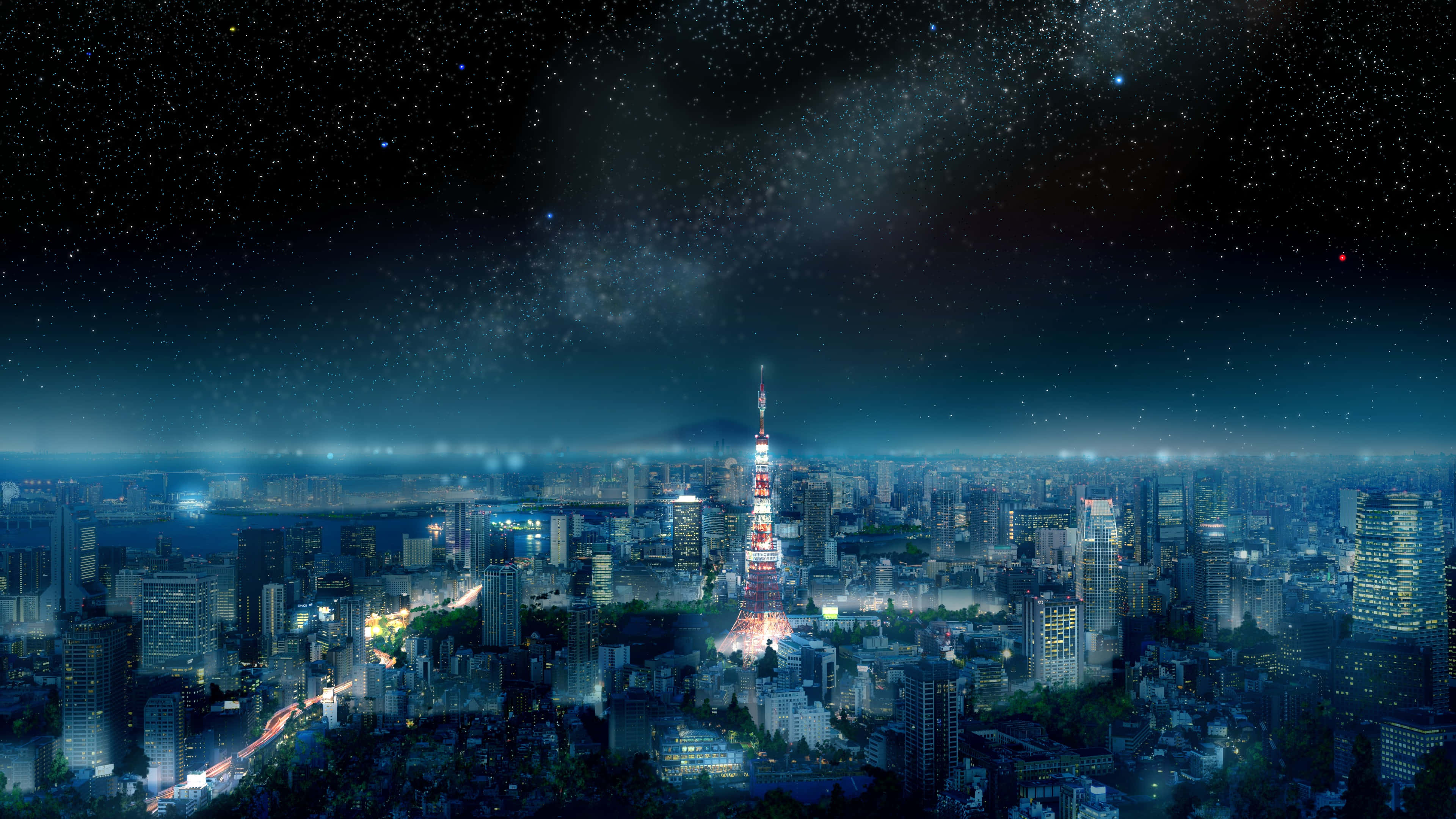 Harajuku 桌布 壁紙 — 夜晚的東京天際線，閃爍的摩天大樓和標誌性塔樓，在可見銀河的星空下。