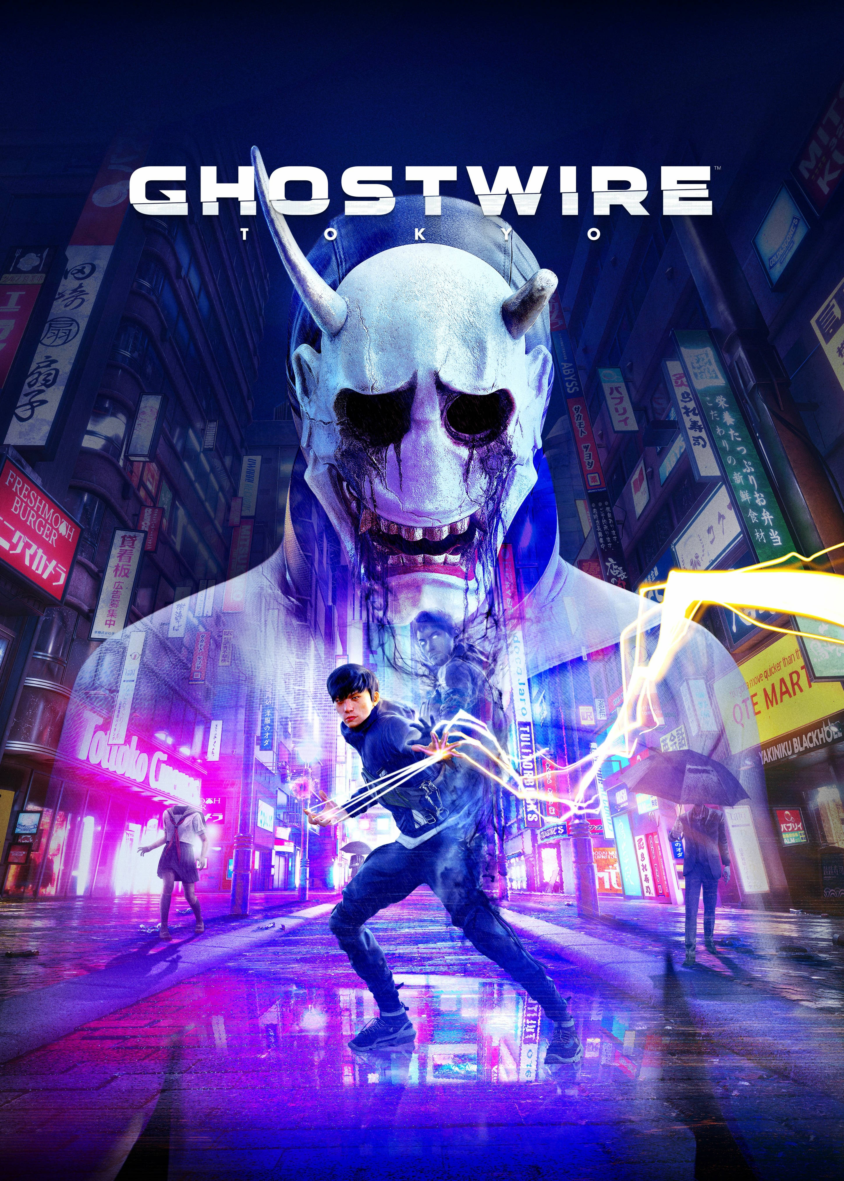 Ghostwire Tokyo 桌布 壁紙 — 夜晚的東京街頭充滿霓虹燈光，主角揮舞著發光的能量刀，而一個巨大的幽靈鬼影籠罩在潮濕的人行道上。