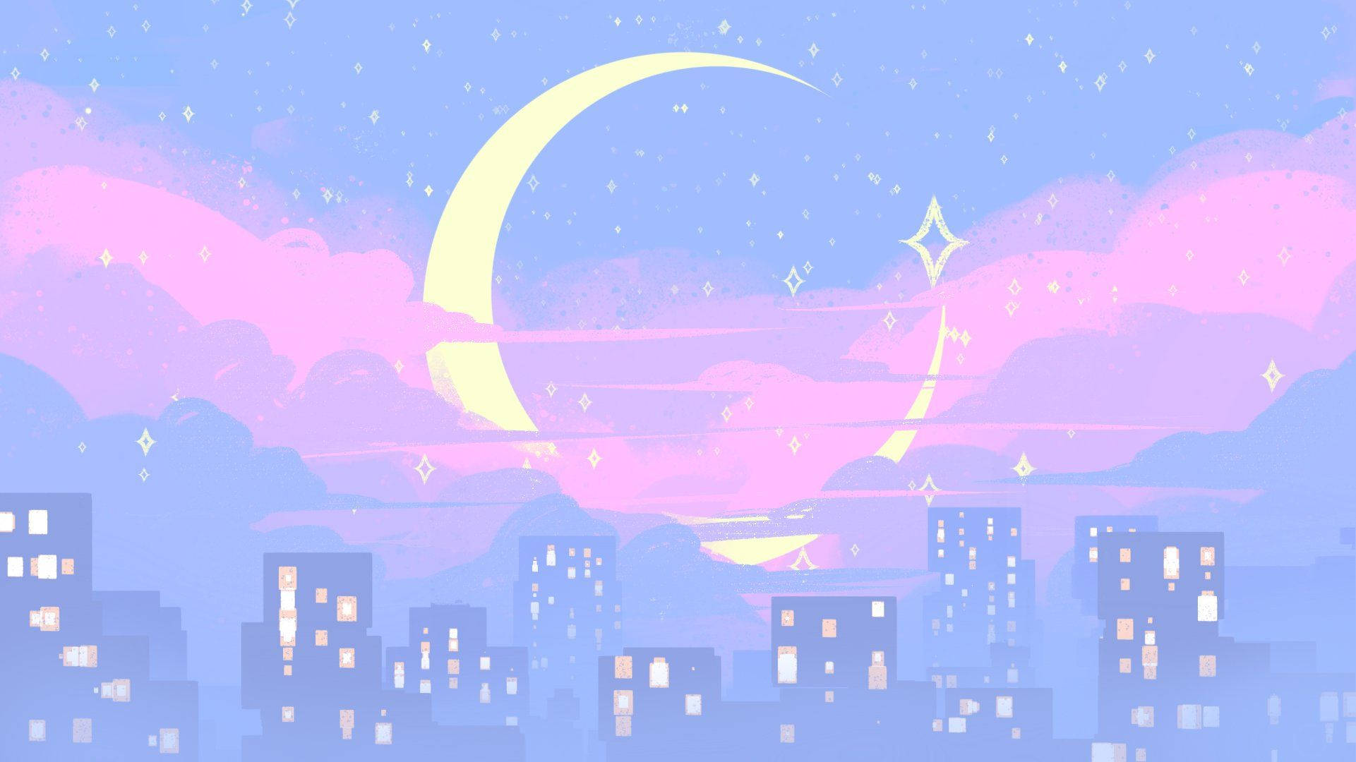 pastel 桌布 壁紙 — 夜晚的柔和色調城市景觀，帶有發光的彎月和閃爍的星星，在柔和的粉紅雲層之上。