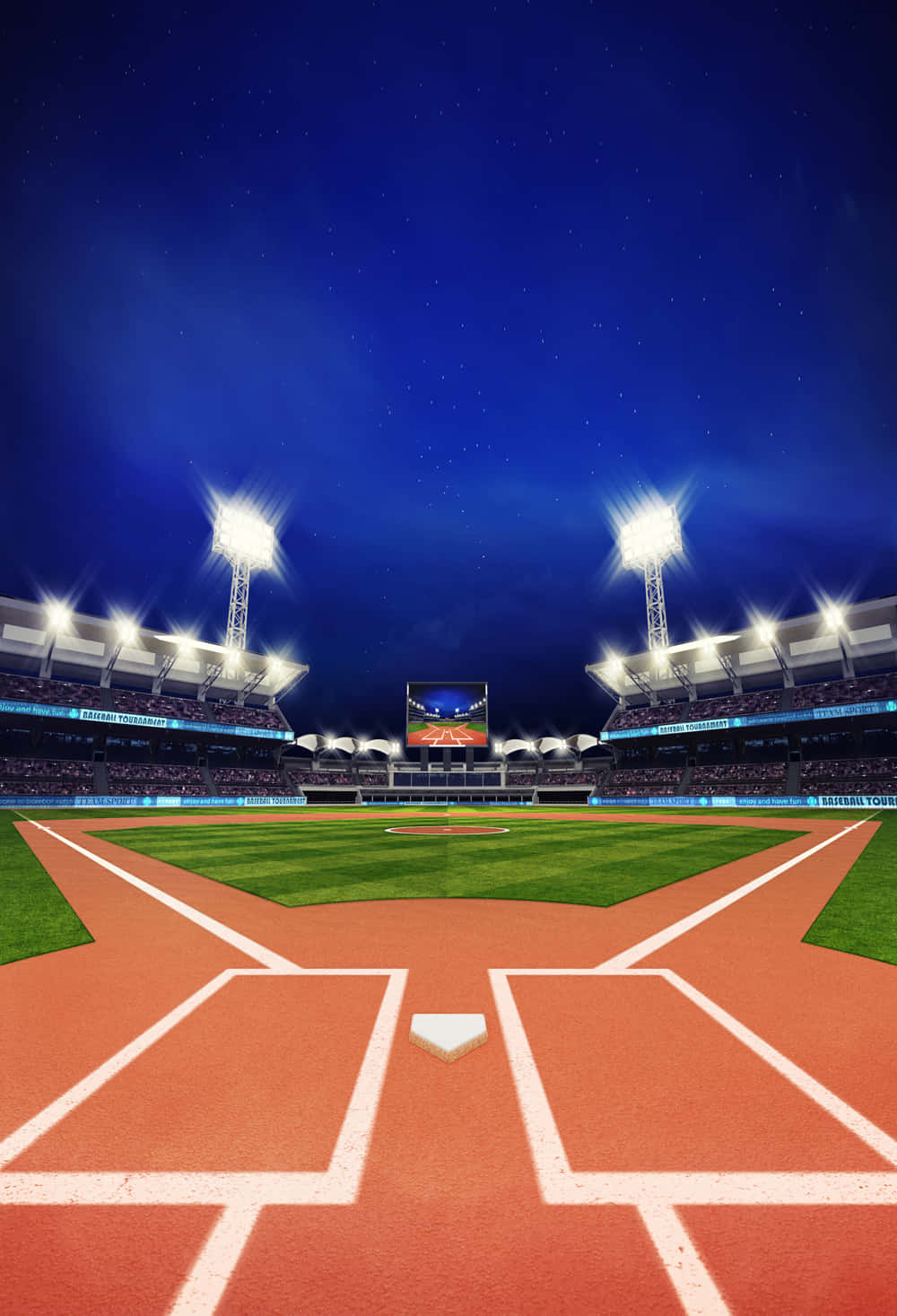 Baseball Field 桌布 壁紙 — 夜晚的棒球場，星空下，明亮的泛光燈照亮球場和空蕩蕩的看台。