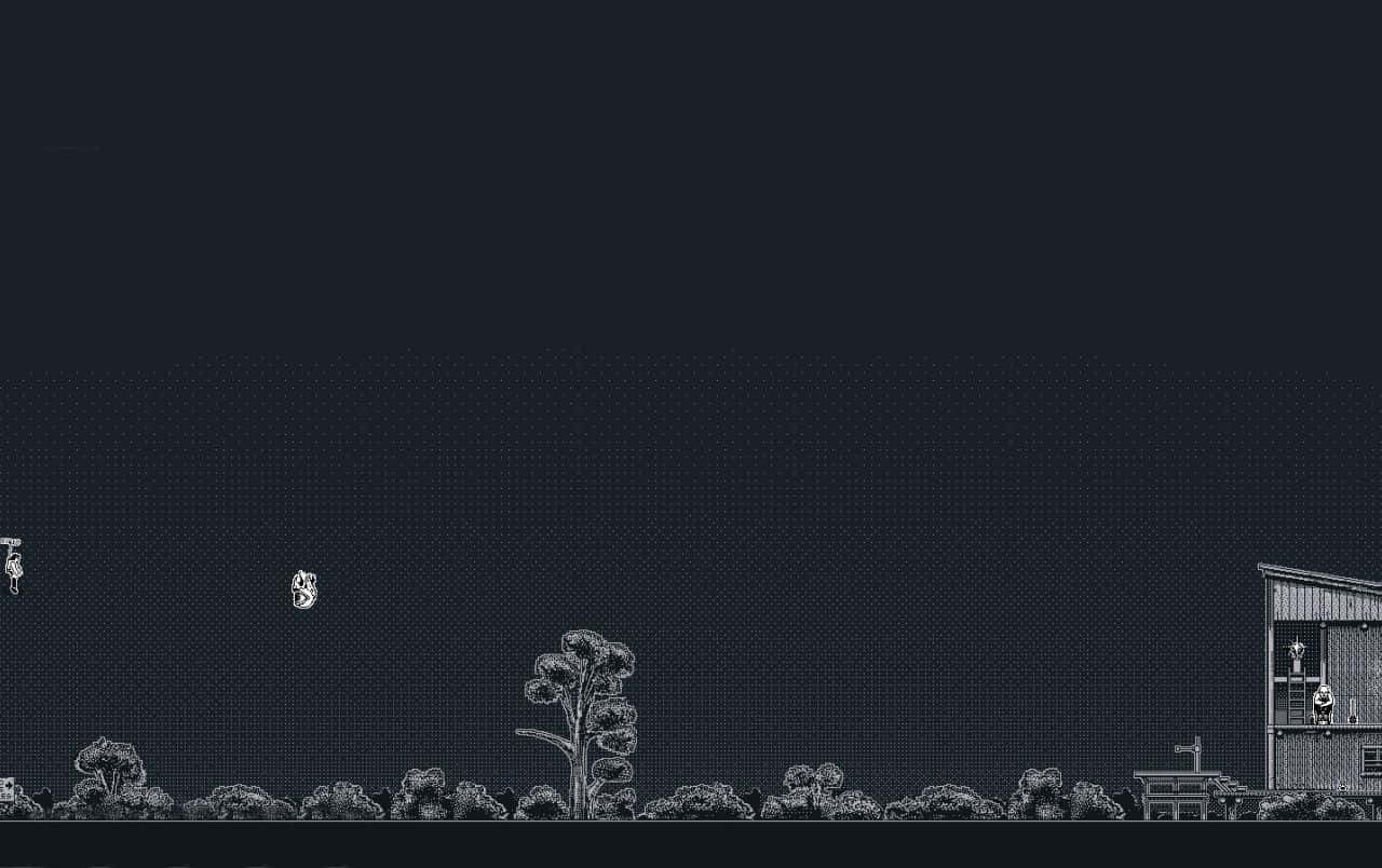 Retro 桌布 壁紙 — 夜晚的極簡像素藝術風景，有一棵孤樹、灌木叢和一座小建築，在黑暗的天空下。