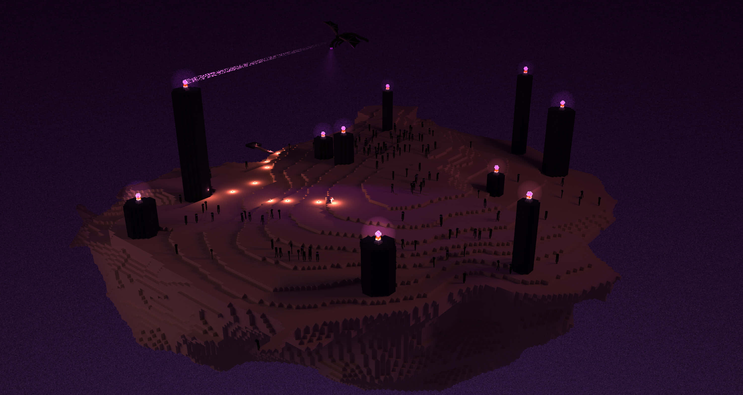 Minecraft Fan Art 桌布 壁紙 — 夜晚的浮島，發光的紫色柱子，以及黑暗天空下蜿蜒小徑上行走的小人物。