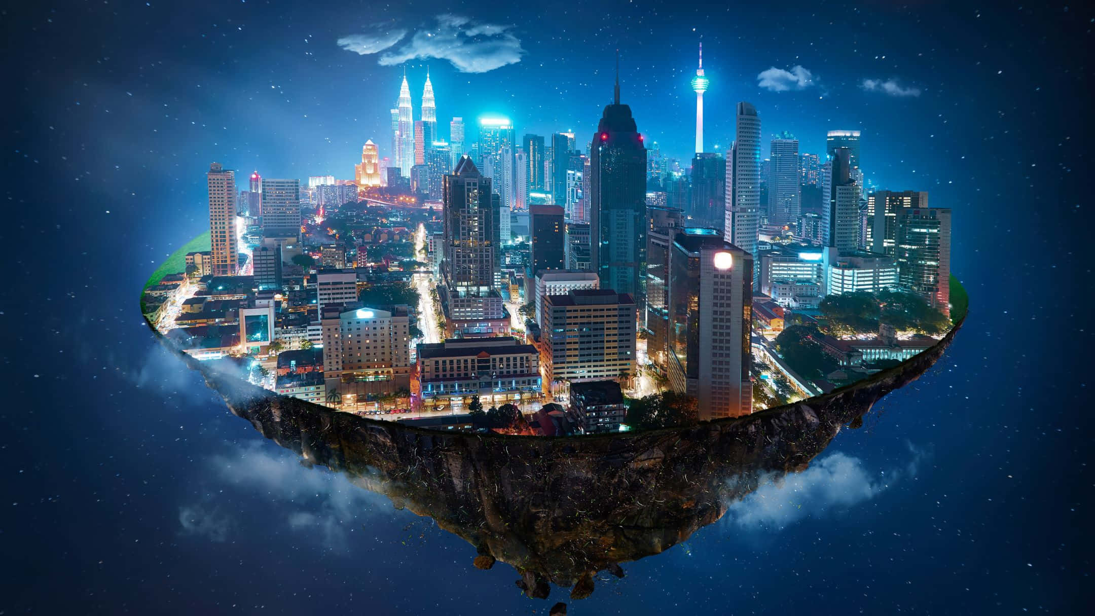 酷 桌布 壁紙 — 夜晚的浮島城市，發光的摩天大樓和下方的星空。