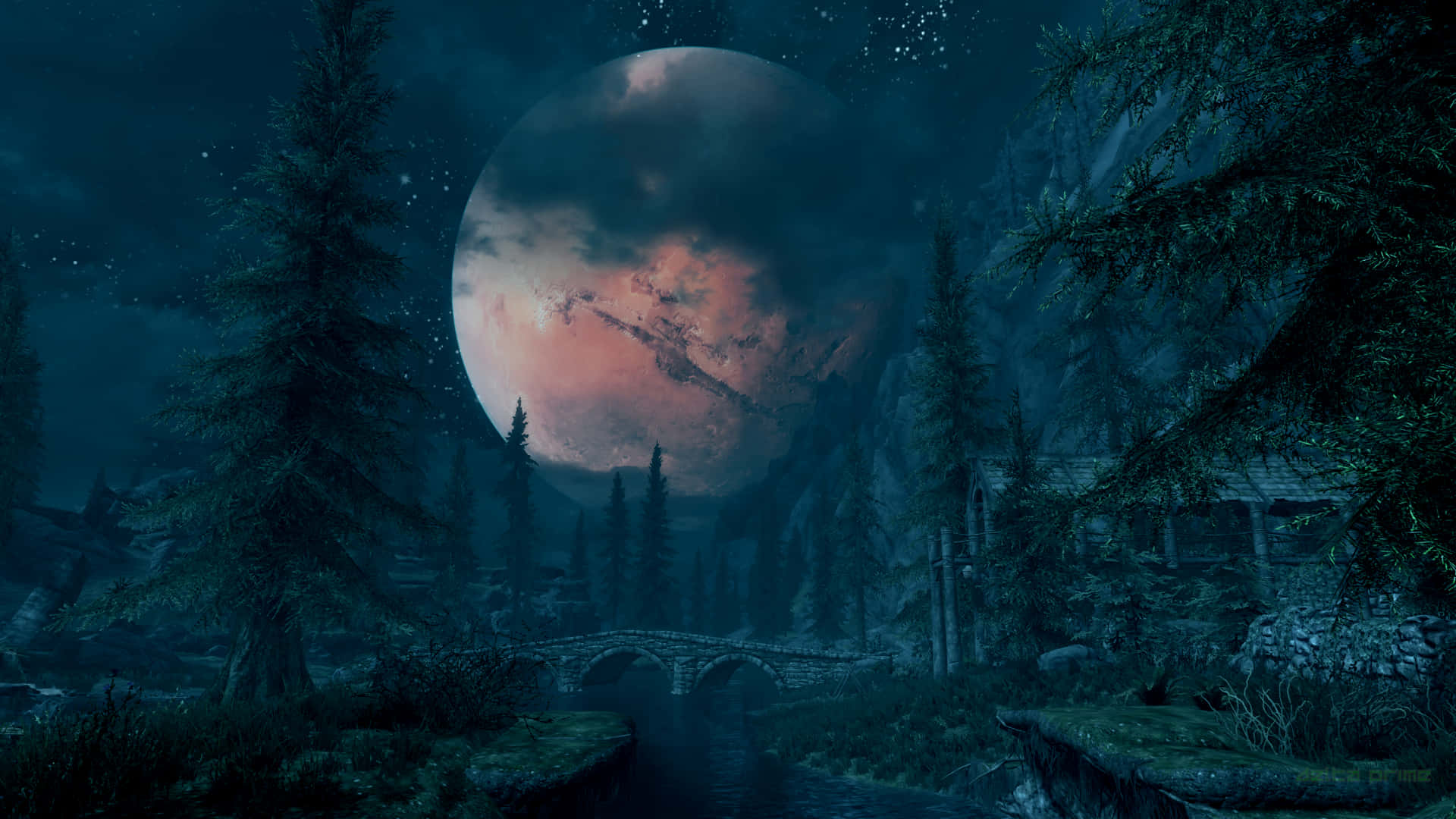 風景 桌布 壁紙 — 夜晚的神秘森林，一輪巨大的發光月亮將詭異的光芒投射在石橋和古樹上。