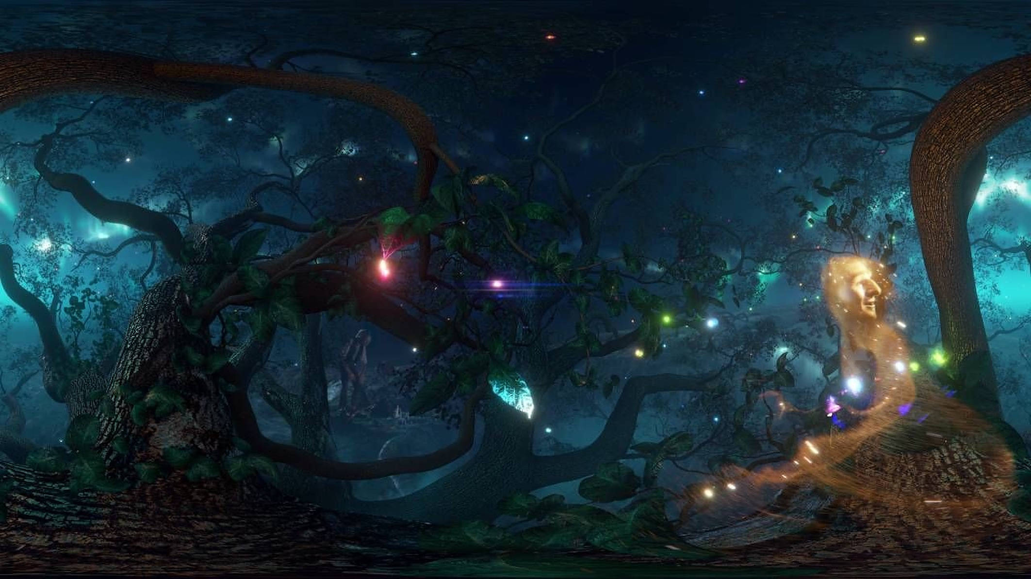 Bfg 桌布 壁紙 — 夜晚的神秘森林，在星空下，發光的魔法光芒圍繞著古老的扭曲樹木旋轉。