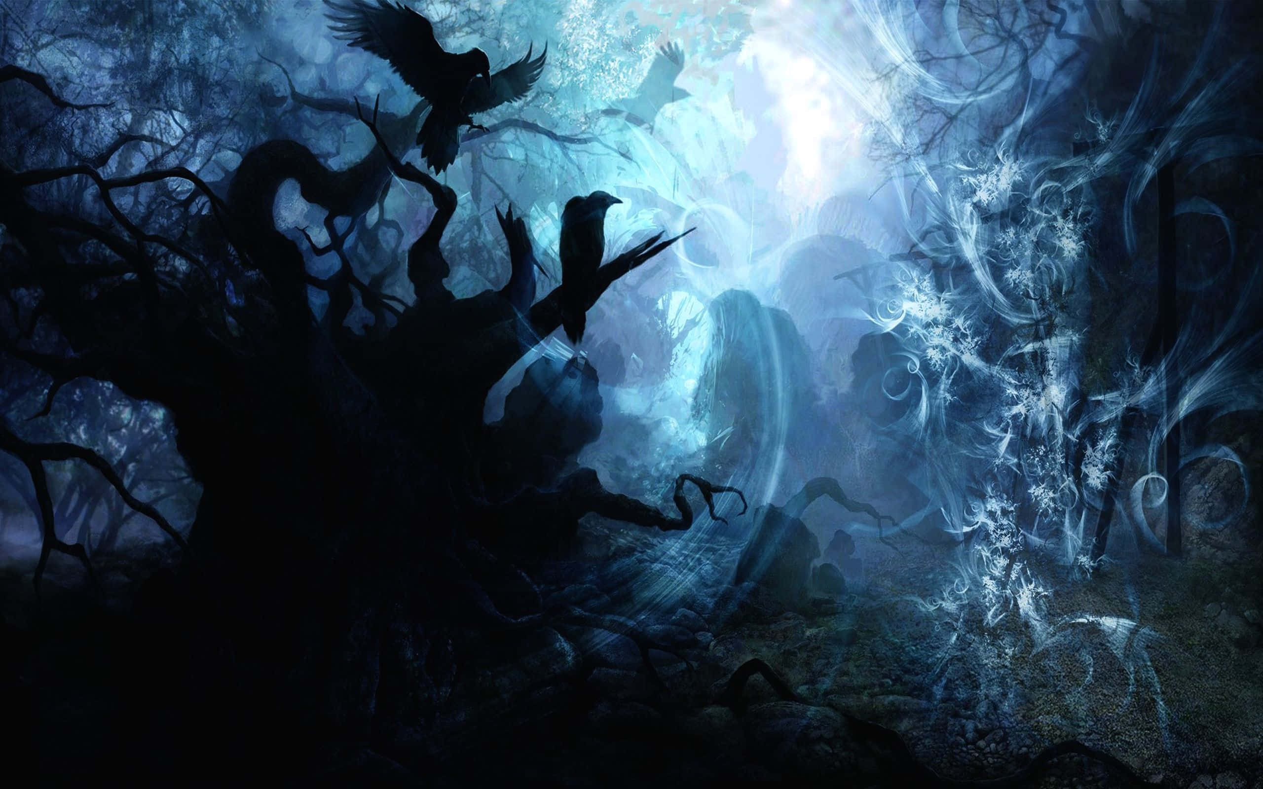 Dark Fantasy 桌布 壁紙 — 夜晚的神秘森林，發光的藍色能量在扭曲的樹木和棲息的烏鴉周圍旋轉。