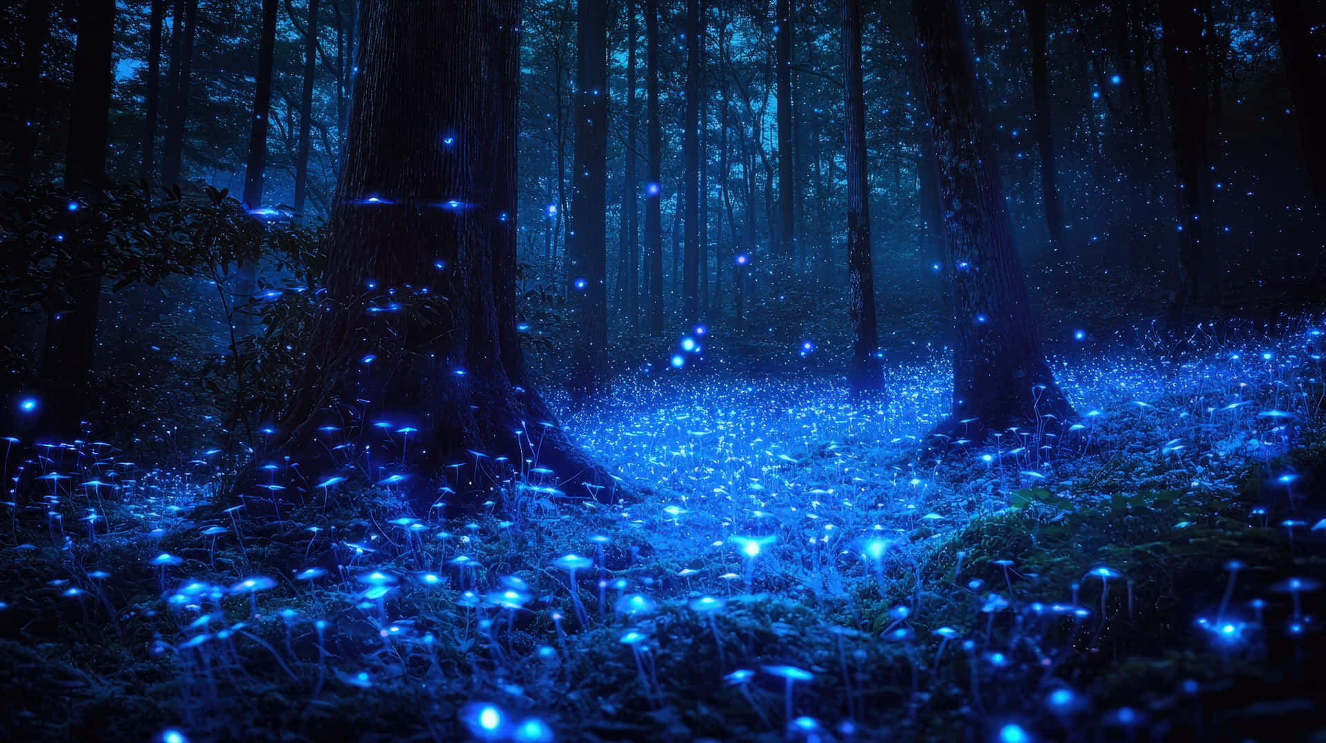 Mystical Forest with Glowing Blue Bioluminescent Mushrooms 壁紙 — 夜晚的神秘森林，發光的藍色蘑菇和螢火蟲照亮了高聳樹木下長滿苔蘚的地面。