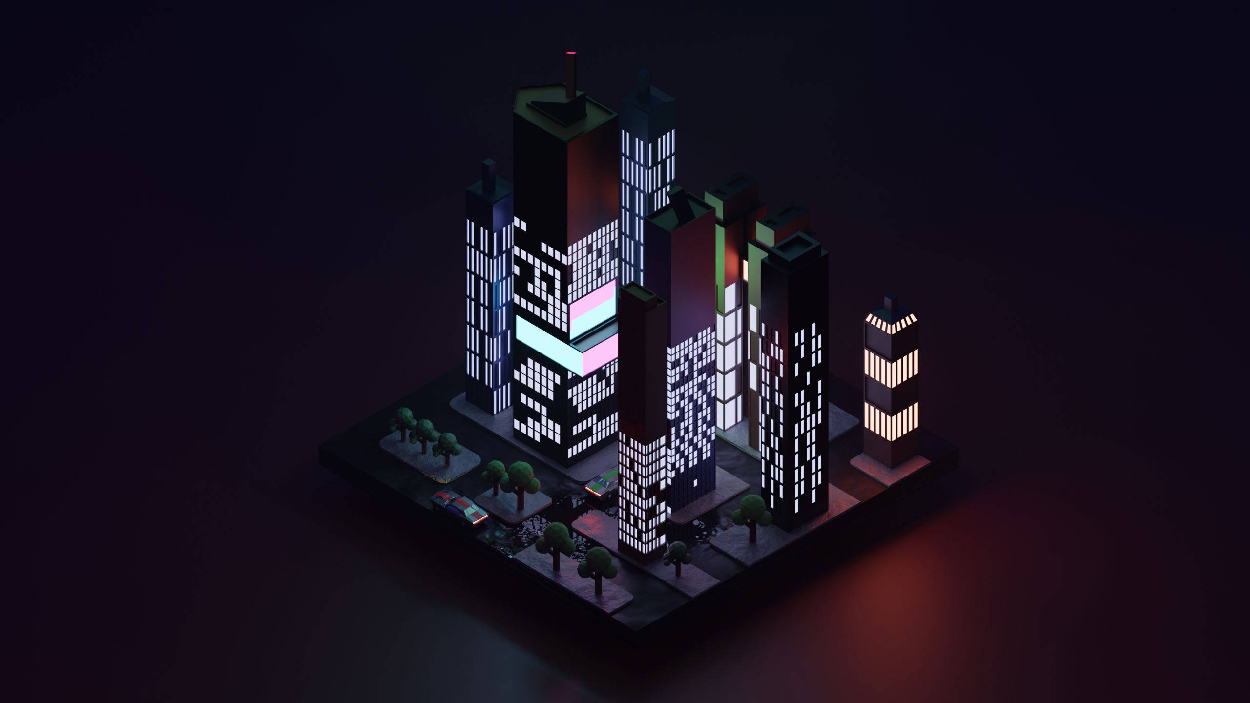 Low 桌布 壁紙 — 夜晚的等距城市景觀，發光的像素化摩天大樓和路燈在黑暗的路面上投射出溫暖的倒影。