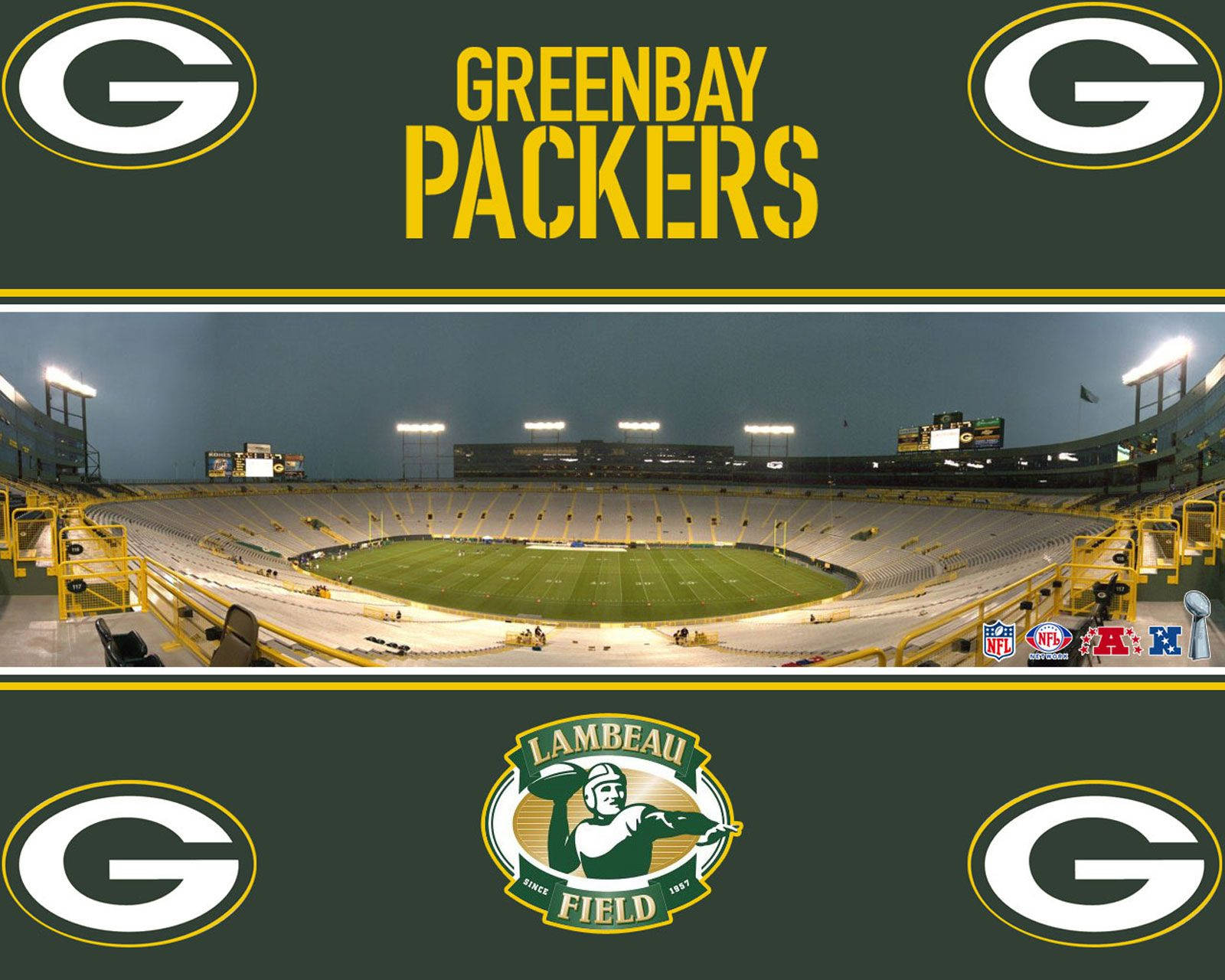 Packers 桌布 壁紙 — 夜晚的藍寶球場，空座位和明亮的燈光照亮綠色足球場。