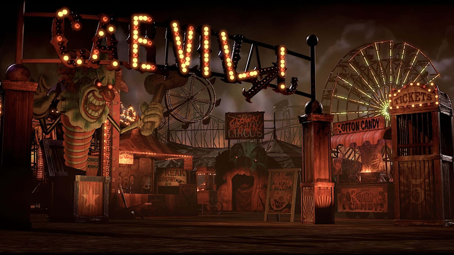 Circus 桌布 壁紙 — 夜晚的詭異嘉年華，發光的「CA EVIL!」標誌、扭曲的遊樂設施，以及將陰影投射在木結構上的怪異燈光。