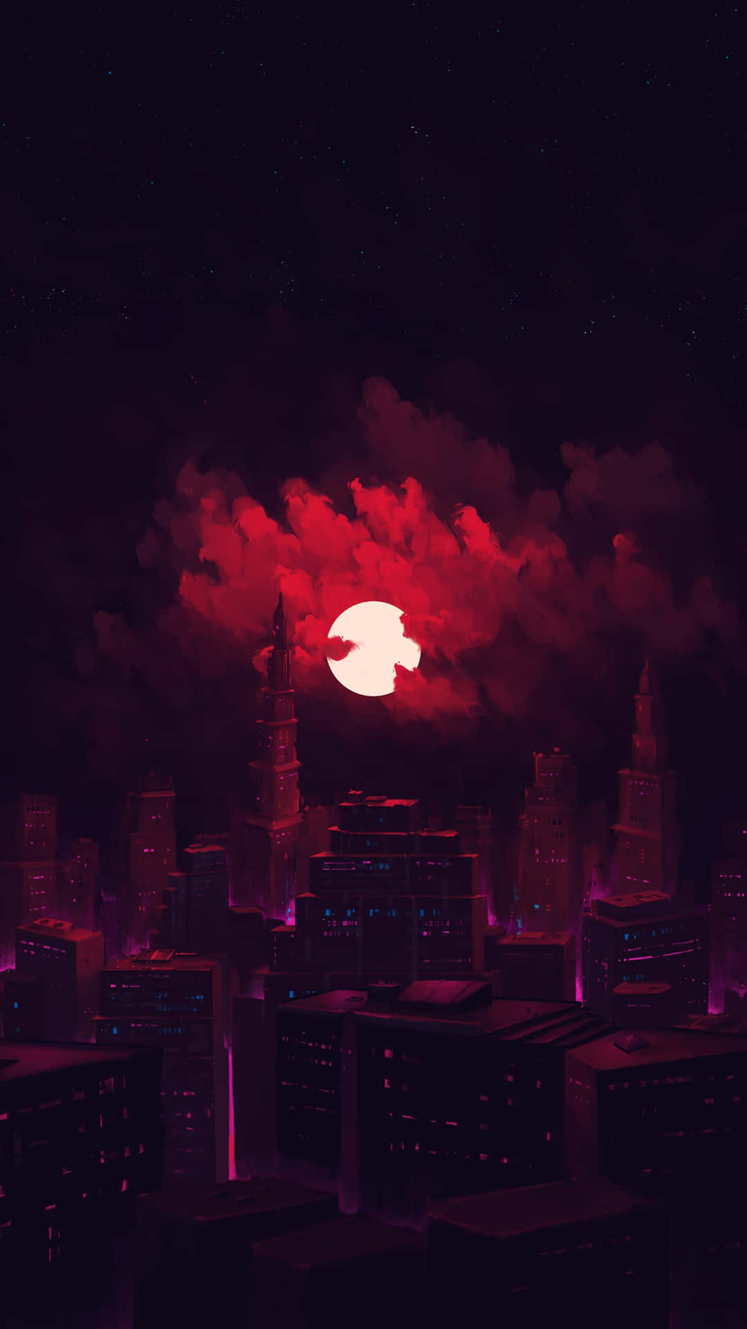 黑暗城市 桌布 壁紙 — 夜晚的超現實城市景觀，一輪發光的紅月部分被深紅色的雲層遮擋，向摩天大樓投射出紫色的光芒。