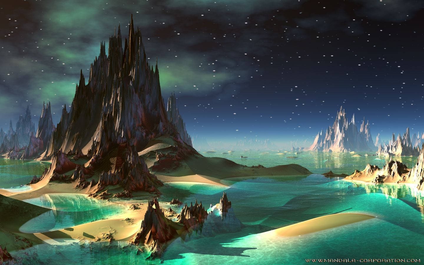 行星動畫 桌布 壁紙 — 夜晚的超現實外星景觀，鋸齒狀山脈在星光燦爛的天空下倒映在發光的藍綠色水面。