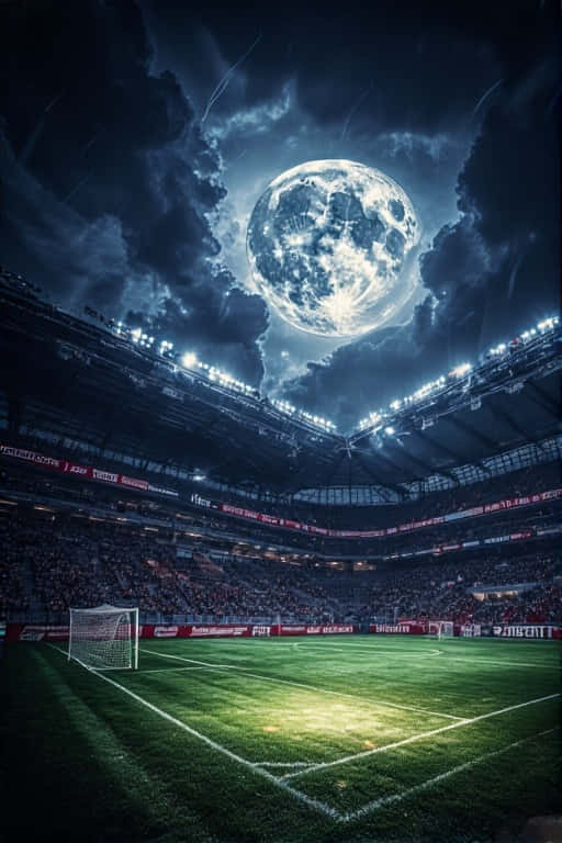 Dramatic Moonlit Soccer Stadium 壁紙 — 夜晚的足球場，在一個巨大發光的月亮下面，周圍是黑雲。