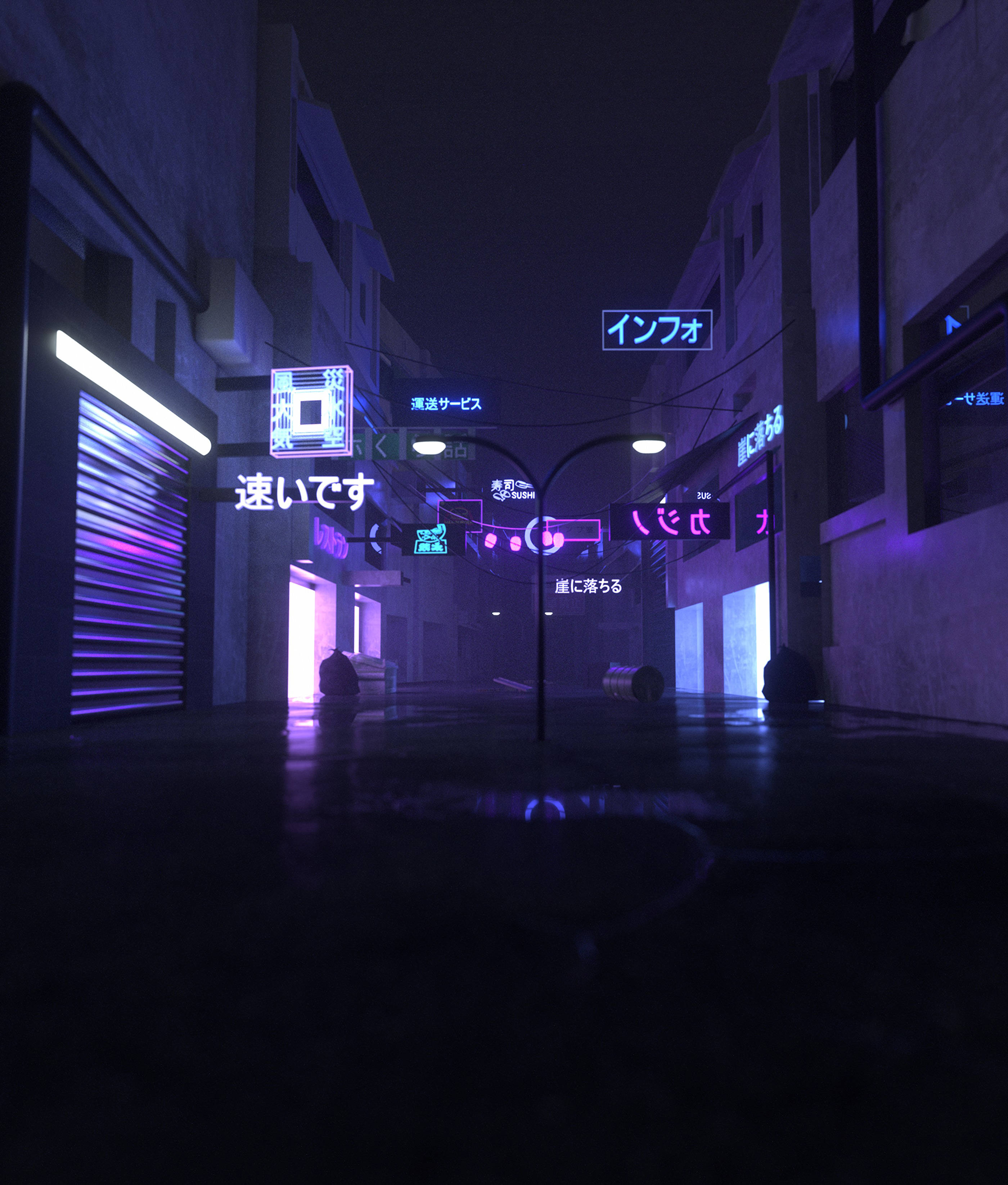 黑暗城市 桌布 壁紙 — 夜晚的都市小巷，霓虹燈閃爍，招牌在濕漉漉的路面上反射，天空漆黑一片。
