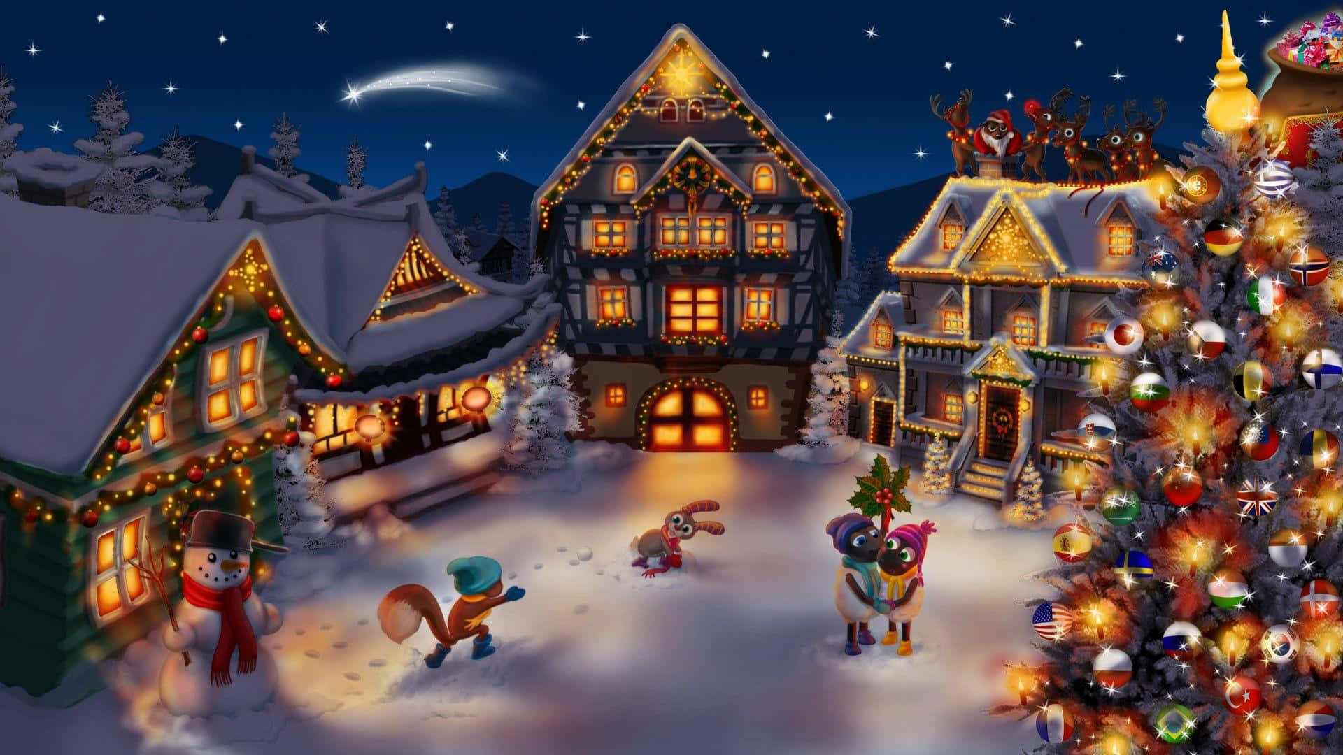 Advent 桌布 壁紙 — 夜晚的雪景村莊，發光的房屋和裝飾樹周圍的節日角色。