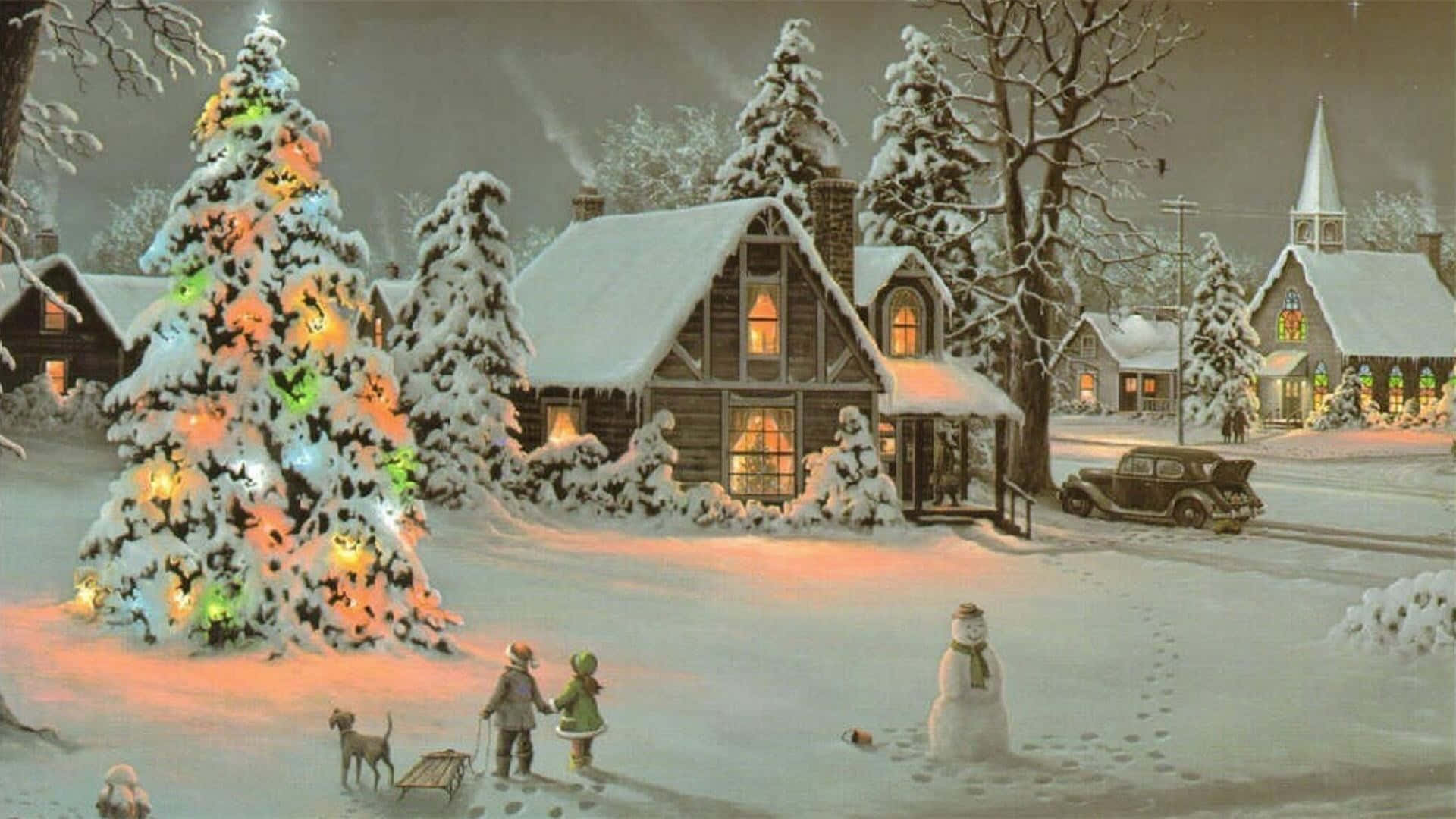Vintage Christmas 桌布 壁紙 — 夜晚的雪村，有明亮照明的聖誕樹、帶著狗的孩子們，以及靠近溫暖窗戶的舒適房屋旁的雪人。