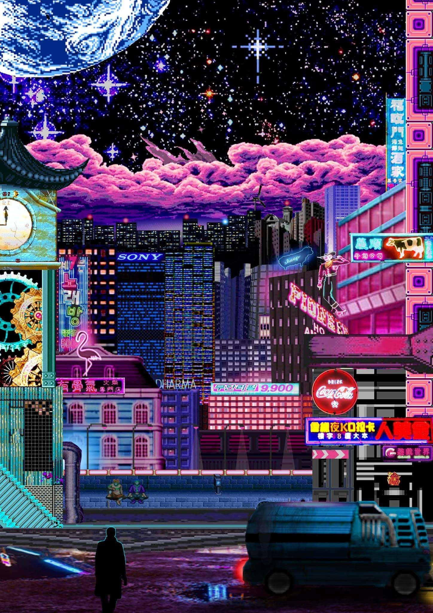 Retro Aesthetic 桌布 壁紙 — 夜晚的霓虹浸染賽博龐克城市景觀，巨大月亮和發光招牌在粉紅雲朵下。