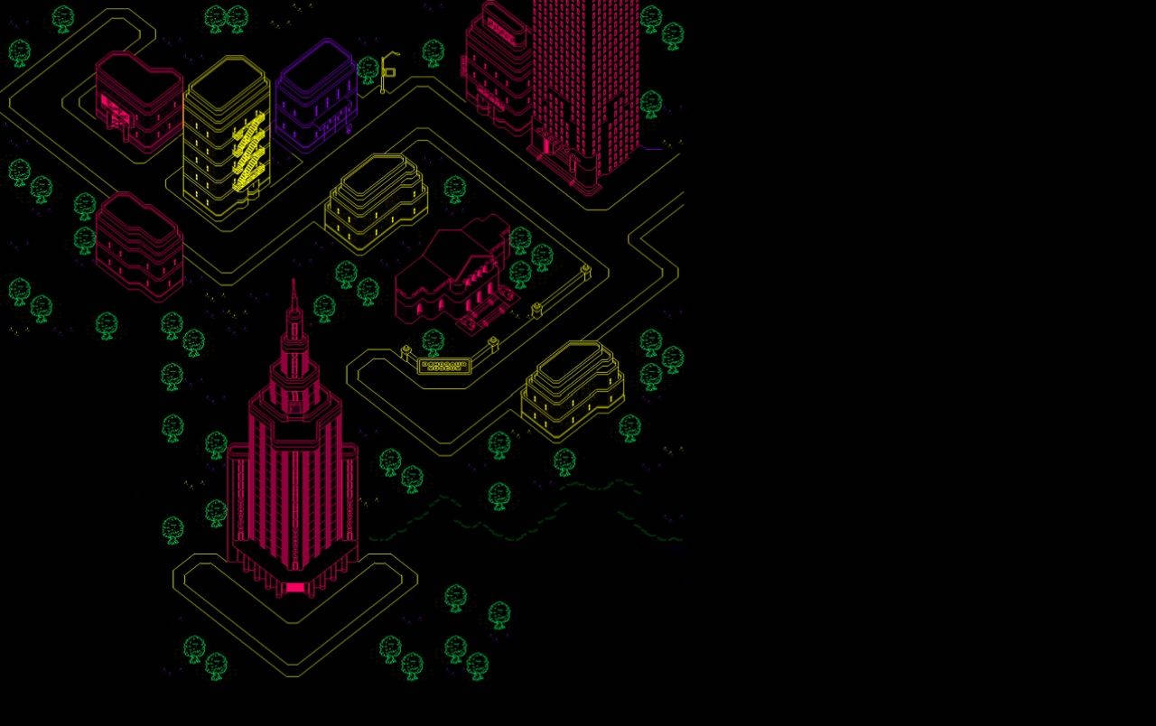 Earthbound 桌布 壁紙 — 夜晚的霓虹燈城市景觀，以發光的粉紅色、黃色和綠色線條在黑色背景上呈現。