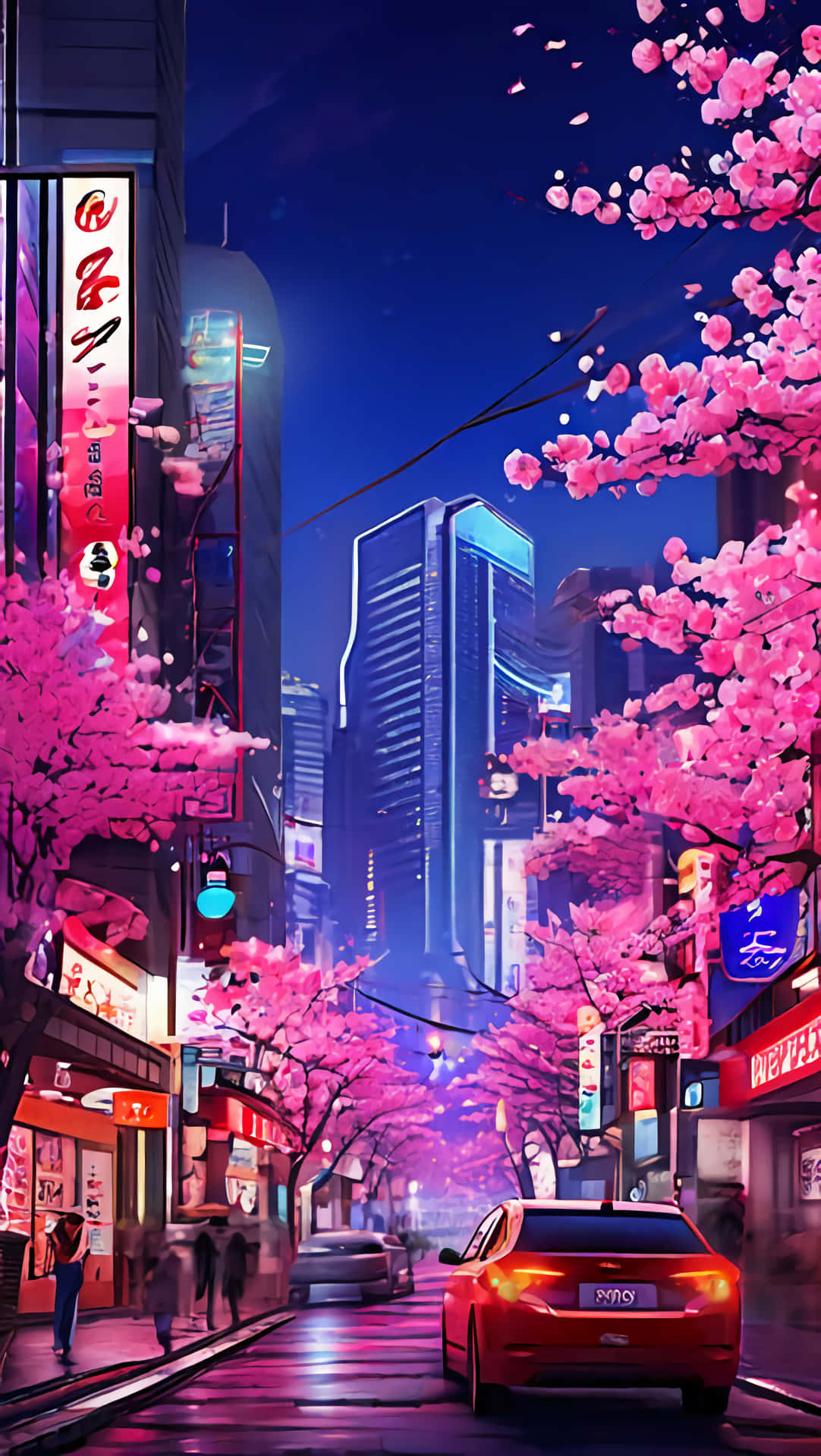 Night Street with Pink Flowers 壁紙 — 夜晚的霓虹燈城市街道，以鮮豔的粉紅色櫻花為框，有發光的招牌和一輛紅色汽車在潮濕的路面上。