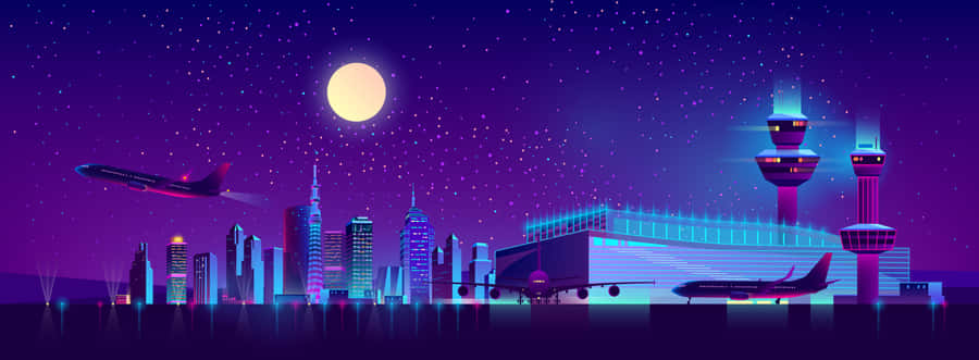 Minimalist Dual Monitor 桌布 壁紙 — 夜晚的霓虹燈機場，發光的塔樓和飛機在滿月下星空紫色的天空下。