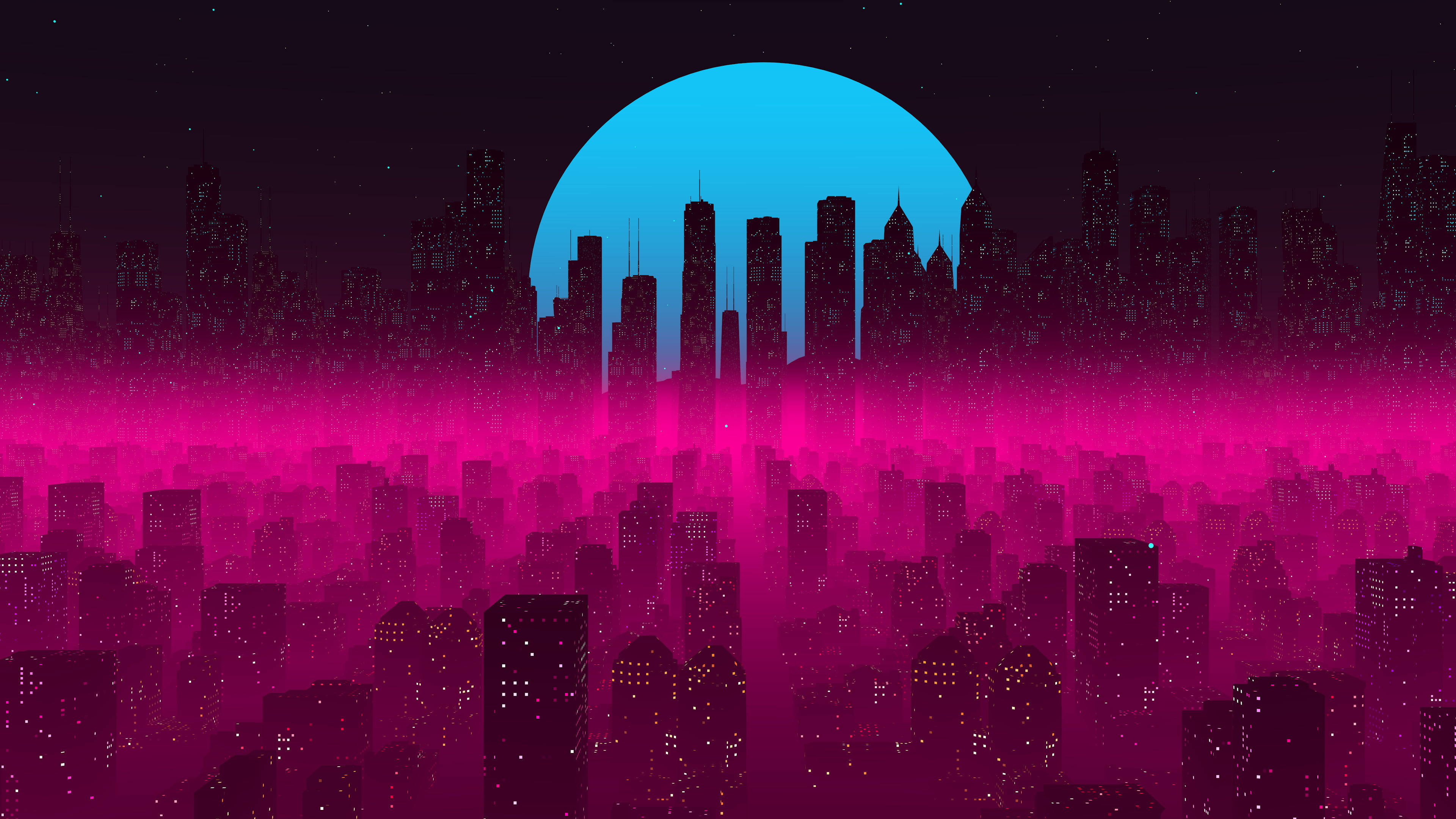 月夜星空 桌布 壁紙 — 夜晚的霓虹粉紅城市景觀，發光的藍色月亮在摩天大樓後升起，星空下。