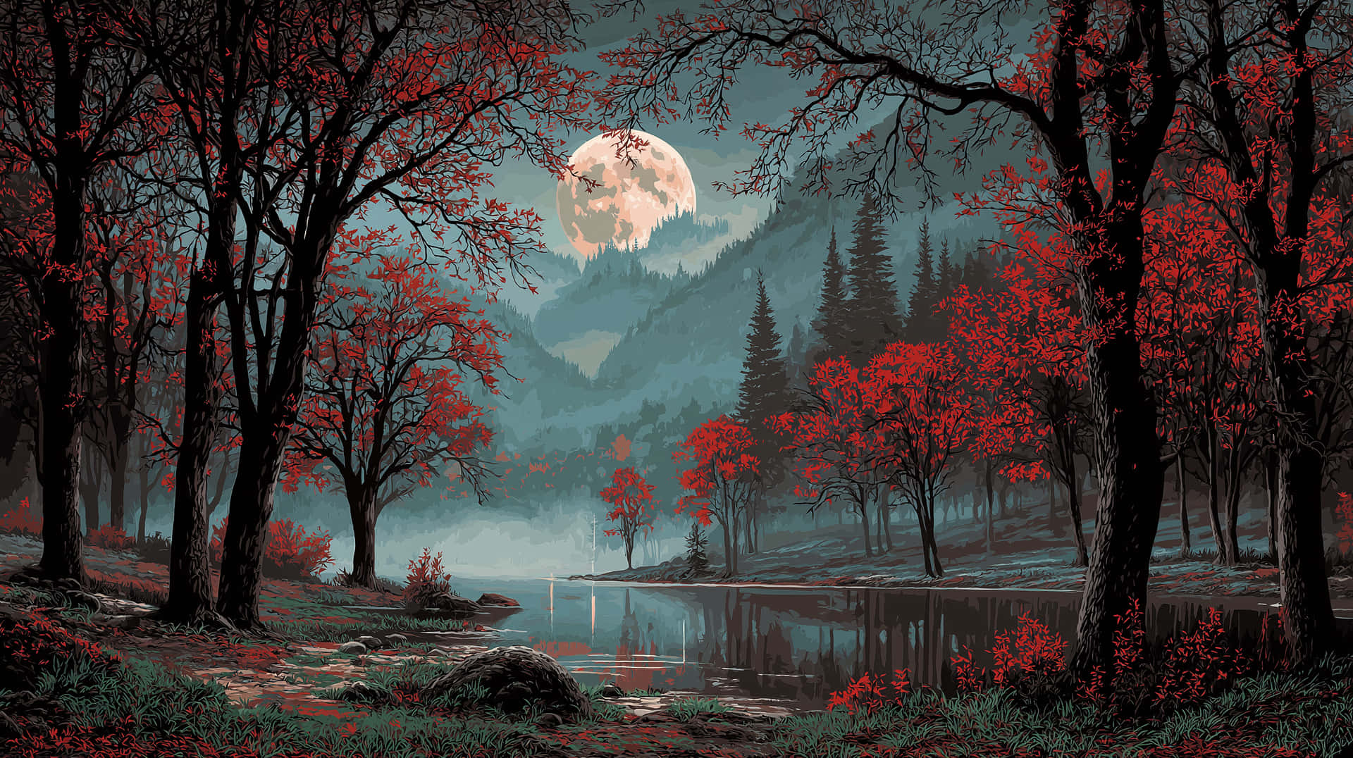 Enchanted Autumn Forest Lake under Full Moon Night 壁紙 — 夜晚的霧氣森林，紅葉樹木框住滿月，平靜的湖面反射出詭異的光芒。